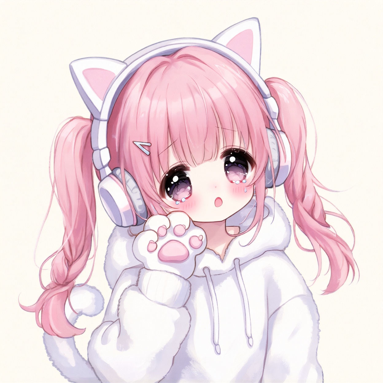 A super cute anime girl with pastel pink twin-tails wearing large white cat-ear headphones and a fluffy white oversized ho...