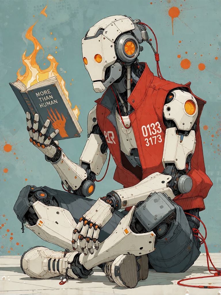 Bradhamel art style. A detailed illustration of a humanoid robot sitting cross-legged on the ground,  wearing a red sleeve...