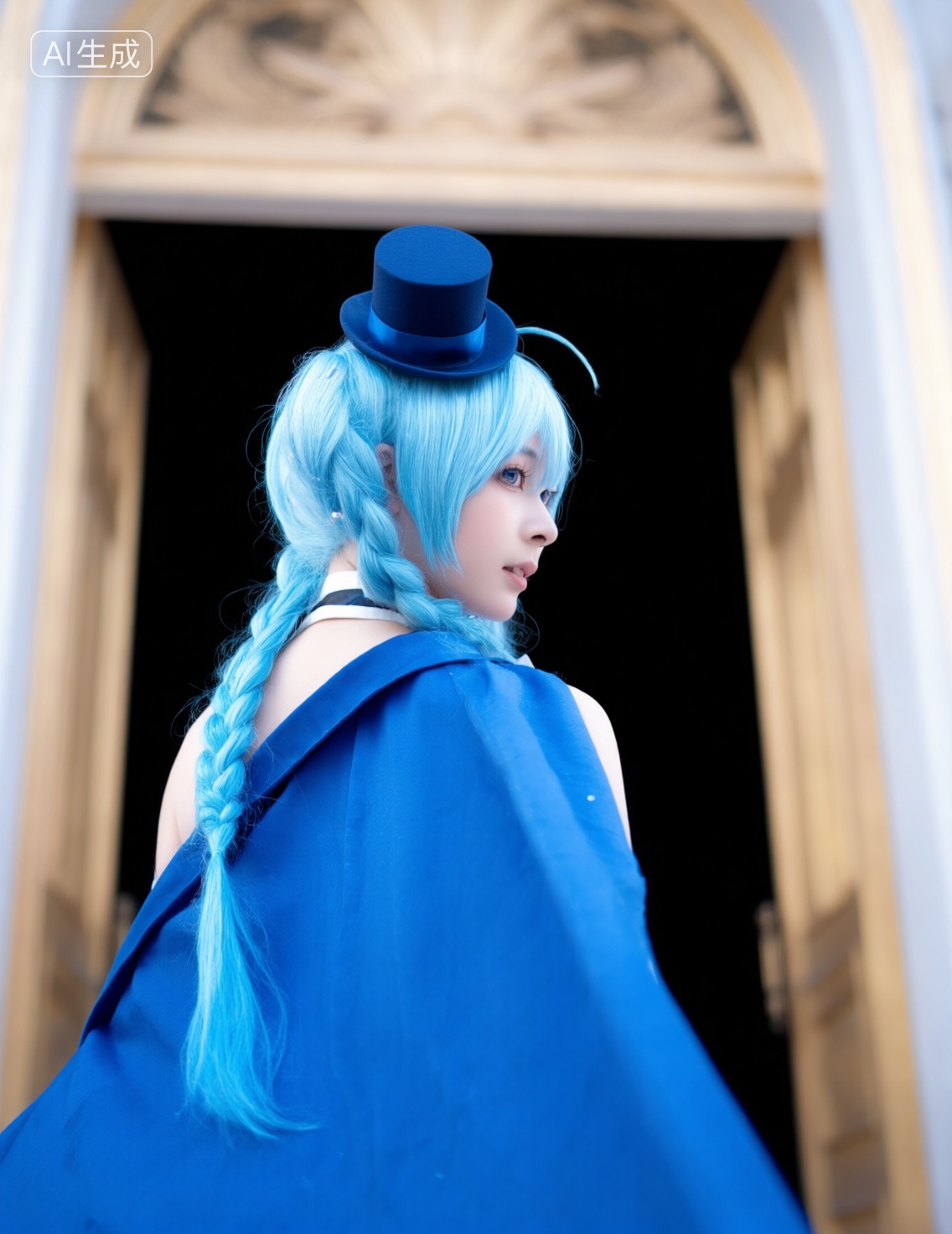 cosplay,zh,jp,sy,亚洲女生cosplay二次元,magical_girl,轻小说封面,整体姿态与气质,蓝发少女呈背对镜头的回眸姿态的近景特写,带有奇幻色彩,发型与头饰,宝蓝色低位双马尾辫,编发整齐及肩披到胸前,碎发修饰脸型,头戴深蓝色小礼帽,蓝色小披肩,, 构图与布局,, 1. 前景主体(少女):,, 位置:靠近观众,占据画面的视觉中心和大部分面积,是画面的第一焦点,, 关键动作:她的头部强烈地扭转过来,侧脸对着观众,目光直视画面之外,表情坚毅,眼神凌厉,我们看到的是一个从下向上拍摄的回眸的头部特写,foreshortening,, 2. 背景:华丽,的大门:,, 位置:位于画面深处,blurry,敞开的门口里是黝黑的黑洞,, Negative prompt: ng_deepnegative_v1_75t,(badhandv4:1.2),EasyNegative,(worst quality:2),,nsfw, Steps: 40, Sampler: Euler, CFG scale: 4.0, Seed: 1068467882, Size: 1140x1472, Model hash: 98763a1277, Model: Qwen-Image_1.0.safetensors, Denoising strength: 0, RNG: CPU, Lora 1: 20251122-1763794867058-0001, Lora Hash 1: 0566c82ecb, Lora Weight 1: 0.6, Lora 2: 星美通义千问_亚洲人像摄影, Lora Hash 2: 62d8c8ddd6, Lora Weight 2: 0.1, Lora 3: Qwen_昭和美人复古摄影, Lora Hash 3: 7252b4b796, Lora Weight 3: 0.1, Lora 4: 星美Qwen_超现实氛围感人像摄影, Lora Hash 4: 94cce42ff9, Lora Weight 4: 0.1, vae_name: automatic