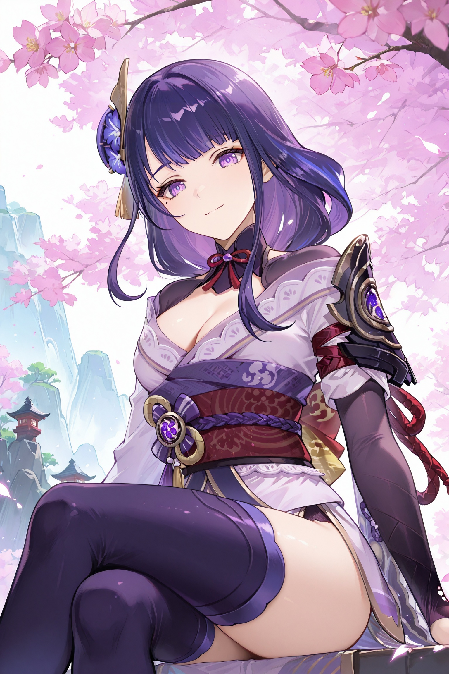 masterpiece, best quality, amazing quality, very aesthetic, high resolution, ultra-detailed, absurdres, newest, scenery,perfect face,perfect eyes, detailed eyes, clear eyes, beautiful eyes,Raiden Shogun,purple hair, braided ponytail, braid, purple eyes, mole under eye, large breasts, hair ornament, vision \(genshin impact\), shoulder armor, japanese clothes, obi, purple kimono, sash, bridal gauntlets, cleavage, wide sleeves, purple flower, obijime, obiage, tassel, ribbon, purple thighhighs,medium breasts, solo, 1girl,  <lora:Raiden_Shogun雷電将軍原神:1> <lora:9_EnchantingEyes:0.75> Enchanting EyesBREAK,depth of field, volumetric lighting,outside,smile,looking at viewer, looking down, sitting,crossed legs, from_below