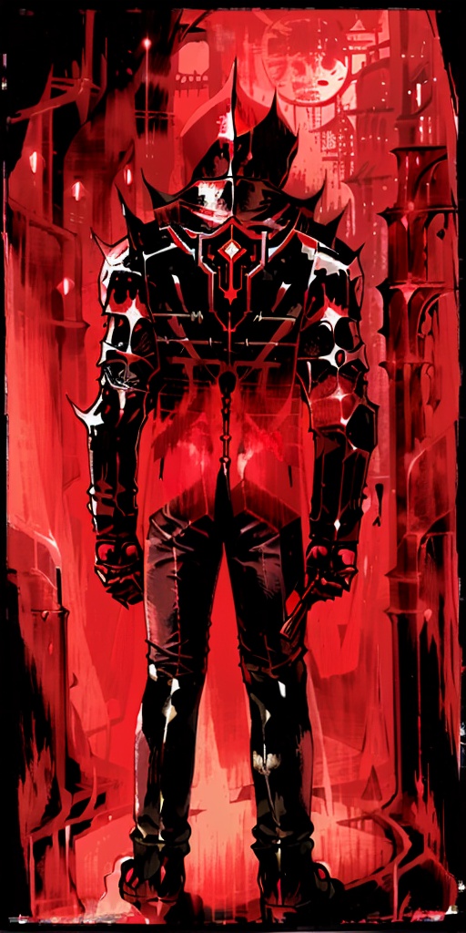 looking back, evil, red color,  <lora:tarot card 512x1024:1>