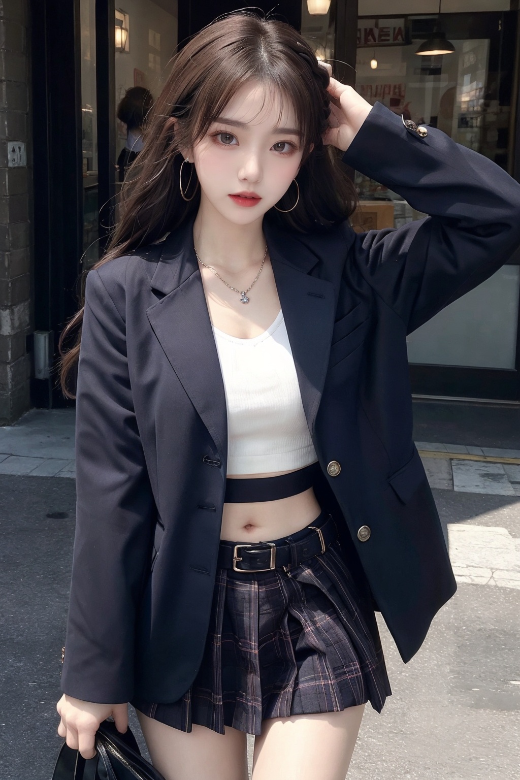 1girl, belt, bracelet, braid, breasts, earrings, jacket, jewelry, long hair, looking at viewer, midriff, nail polish, necklace, open clothes, plaid, plaid skirt, ring, skirt, solo  <lora:jk美女:0.66>