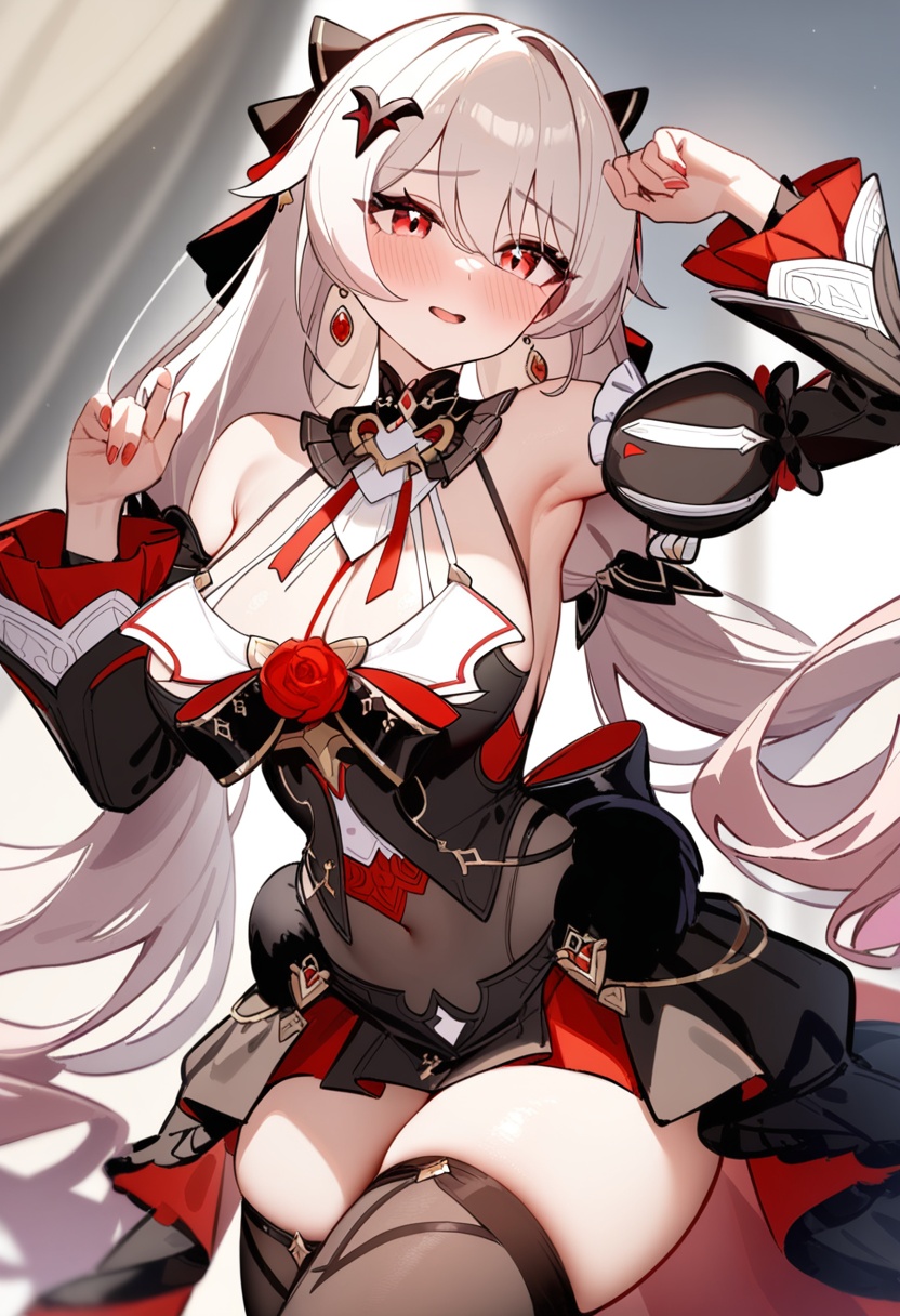<lora:大月下a31.2:0.85>,a girl named lunakindred,lunakindred,1girl,black dress,bare shoulders,detached sleeves,earrings,red rose,black thighhighs,twintails,<lora:naipixa31-000019:0.5>,, masterpiece, best quality, very aesthetic, absurdres