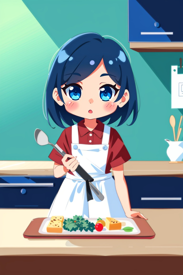 ((HRD, HUD, 8K)),((masterpiece, best quality)), highly detailed, soft light,1 girl, chibi, big eyes, big head,gink skirt, white skirt, plaid skirt,wearing an apron, cooking, in the kitchen, 