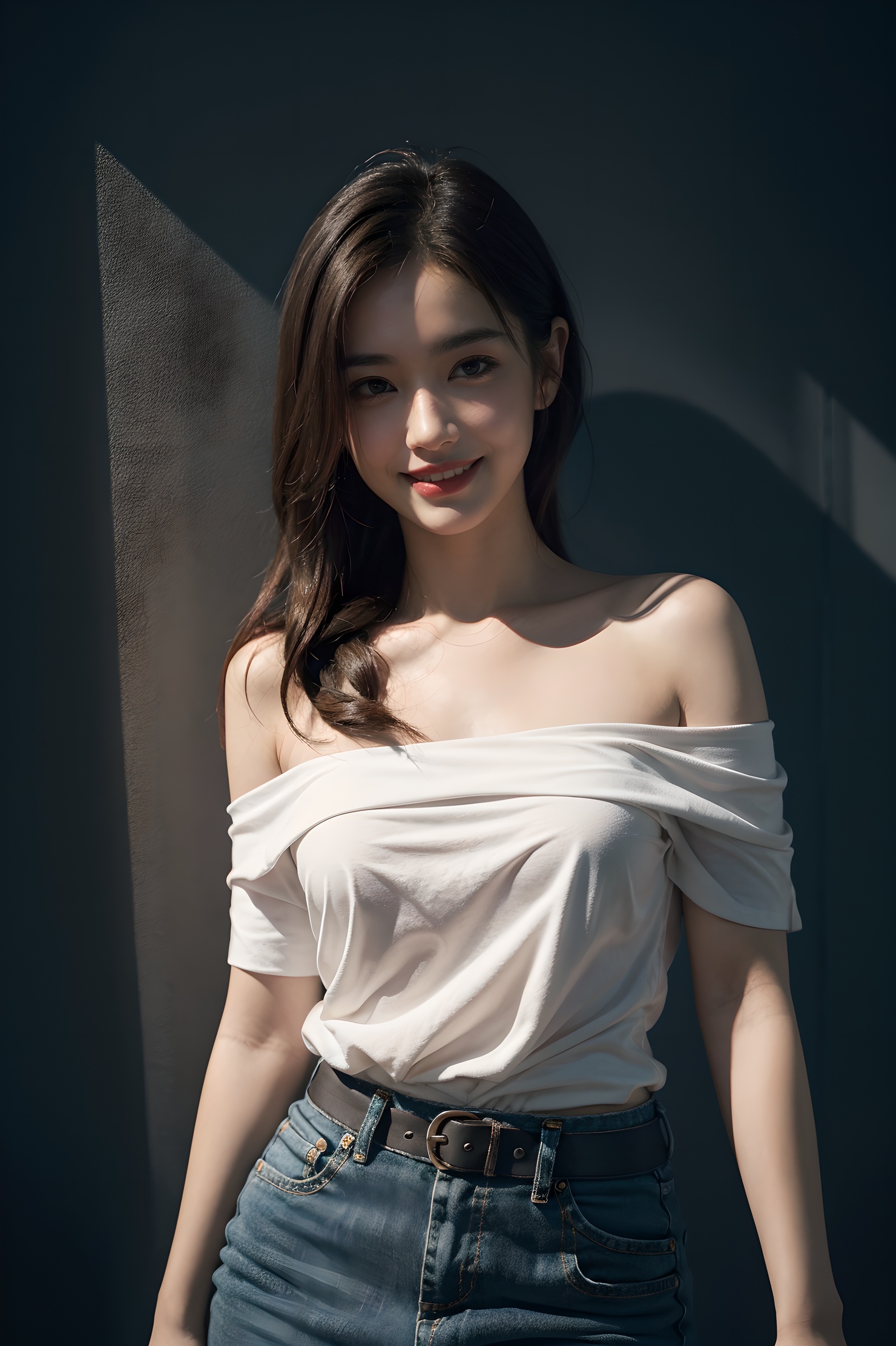 1girl, offshoulder, smile, cute, waist up, deep shadow, in the dark, low key.best quality, masterpiece, (photorealistic:1.4) .