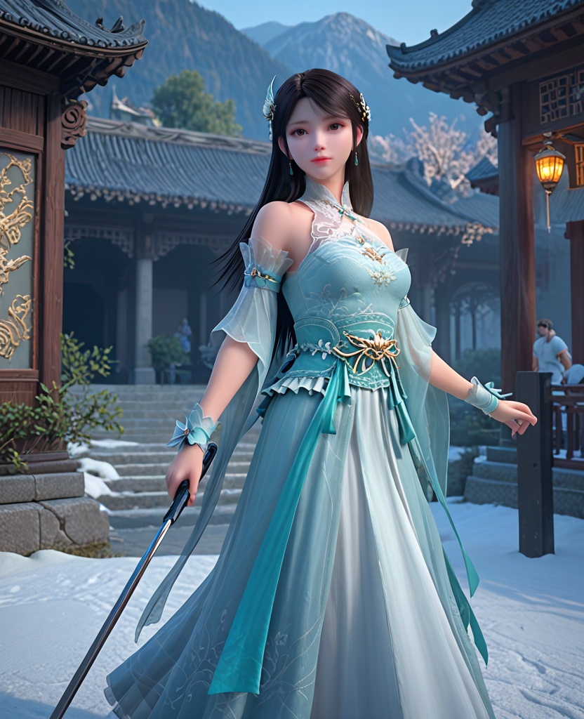 (oriental architecture, elegant decor, sophisticated style:1.1),(skiing:1.1),(breasts:1.2),<lora:XL斗破苍穹箫薰儿绿衣:0.95>,miss xuner,aqua dress,see-through fart curtain with white petticoat underneath,brown eyes,black hair,long hair,sash,hair ornament,detached see-through sleeves,earrings,jewelry,bare shoulders,wrist cuffs,, score_9,score_8_up,score_7_up,score_6_up,score_5_up,score_4_up,3d rendering,tag1,tag2, Cinematic Lighting,backlighting,