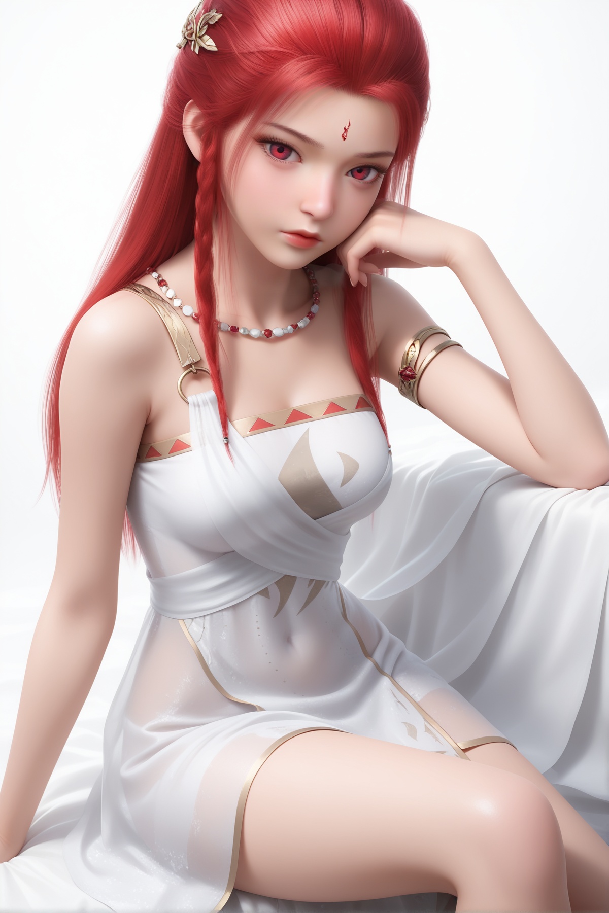 masterpiece,best quality,realistic,cinematic,detail eyes,(ultra-detailed),perfect composition,intricate details,absurdres,detailed face,high quality,high res,8K,<lora:X_moli_by_IL3.0:0.8>,red hair,red eyes,forehead mark,1girl,long hair,breast,medium breast,hair_ornament,dress,bare_legs,sitting,simple background,white_background,bed,white_dress,(transparent dress:1.3), sheer dress, see-through fabric, translucent clothing, delicate transparency, (ultra-thin fabric:1.2),looking_at_viewer,