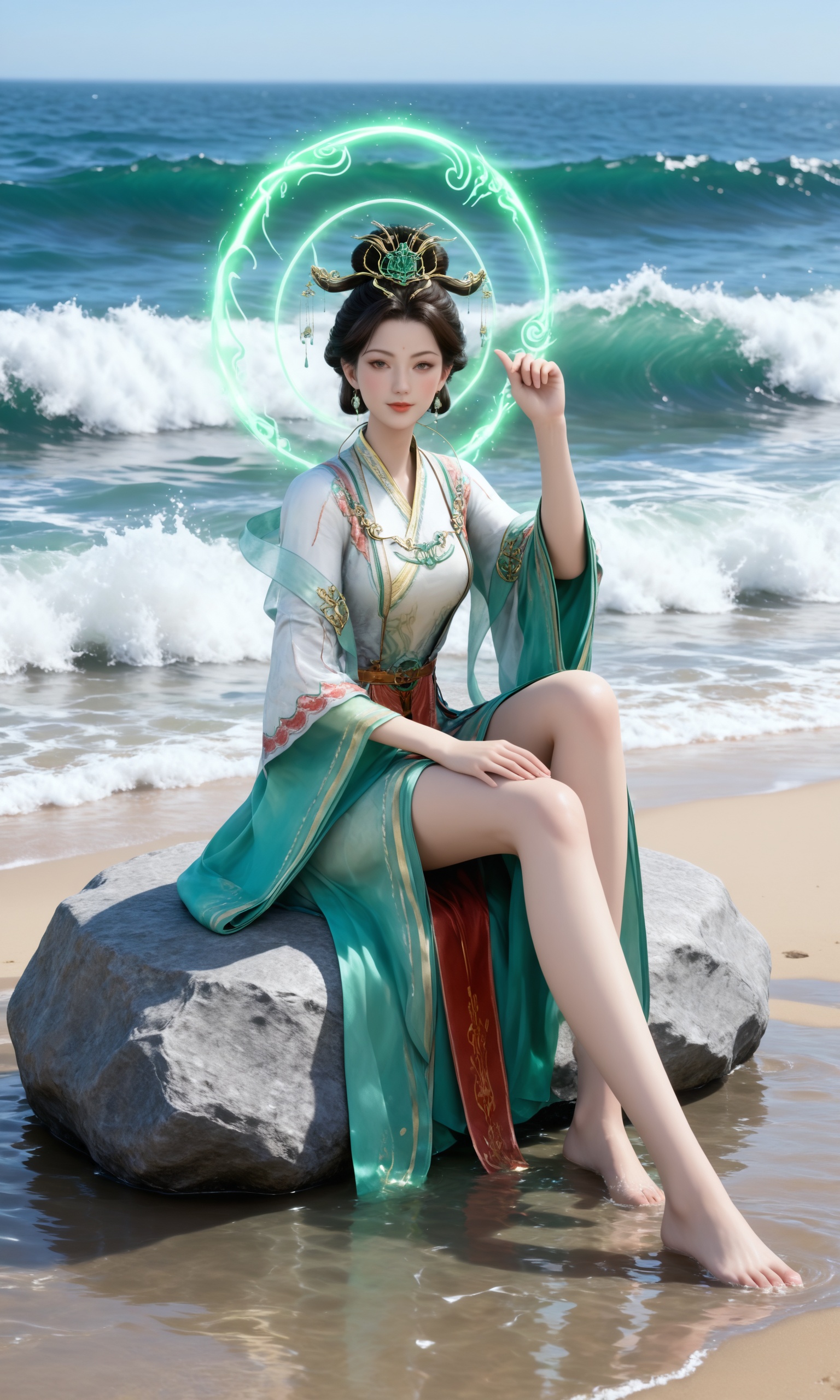 <lora:遮天-西王母Pony:0.7>,1girl,dark brown hair,updo,gold and green ornaments,long,flowing traditional Chinese dress with  green and white,accented with gold and red embroidery,wide sleeves,high collar,1girl, barefoot, rock, water, sitting, beach, solo, waves, jewelry, ocean, full body, outdoors, shore, sand, feet, looking at viewer, glowing, semi-transparent green circular halo with swirling patterns, Behind her,