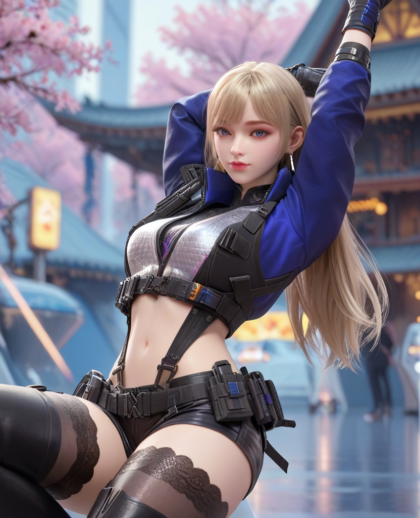 (oriental architecture, elegant decor, sophisticated style:1.1),(With arms raised and fingers intertwined above her head, stretching upwards, she channels energy and rejuvenation:1.1),(breasts:1.2),<lora:XL16穿越火线岚兮儿保卫者:0.95>,miss lanxier,blue cropped jacket with tactical reflective patches,blue eyes,blonde hair,long hair,earrings,suspenders,black gloves,black shorts,midriff,black thighhighs,black thigh boots,, score_9,score_8_up,score_7_up,score_6_up,score_5_up,score_4_up,3d rendering,tag1,tag2, Cinematic Lighting,backlighting,, zPDXL3, zPDXL2,zPDXL, zPDXLxxx, zPDXLrl,