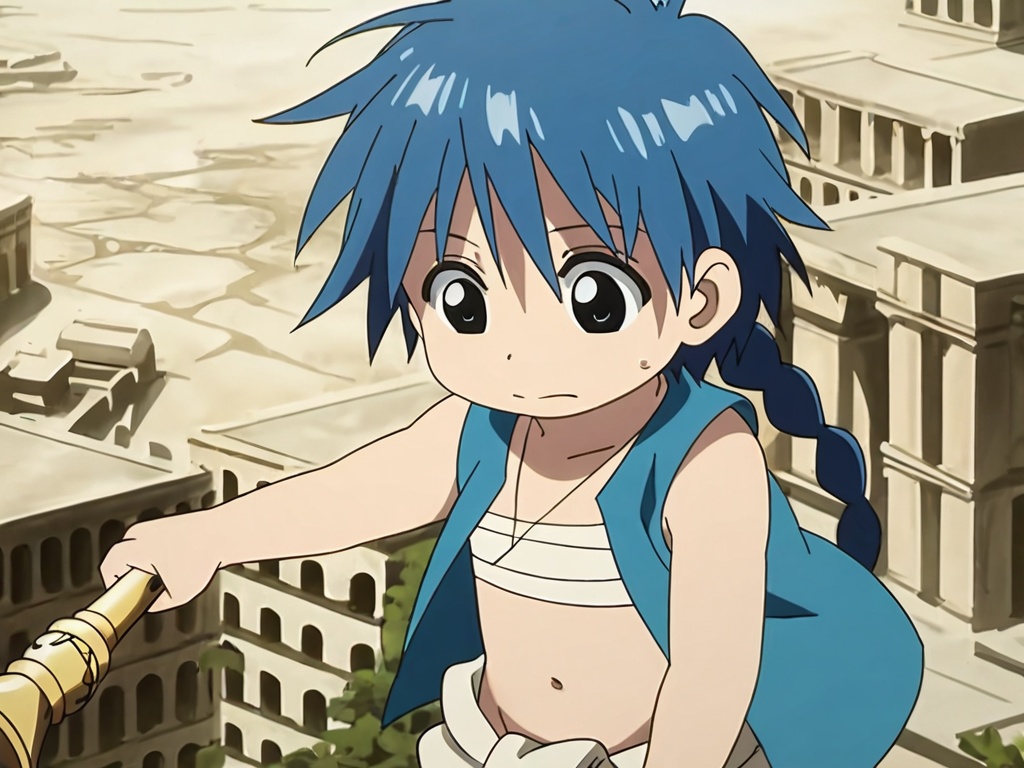 <lora:Aladdin_XL:1>,explicit,Aladdin,(best quality:1),(best detail:1),(masterpiece:1),ancient ruins,flying in the air on a white cloth,in mid-air,male focus,1boy,solo,(toddler:1.1),(petite:1.4),short hair braid head,blue hair,black eyes,big_eyes,thin eyebrows,perfect hands,(5fingers:1.1),with a golden flute around his neck,boy holding wooden magic wand,blue clothes,white cloth chest wrap,white pants,correct anatomy,crossed legs,kind_smile,animation style,available light,(incredibly absurdres:2),