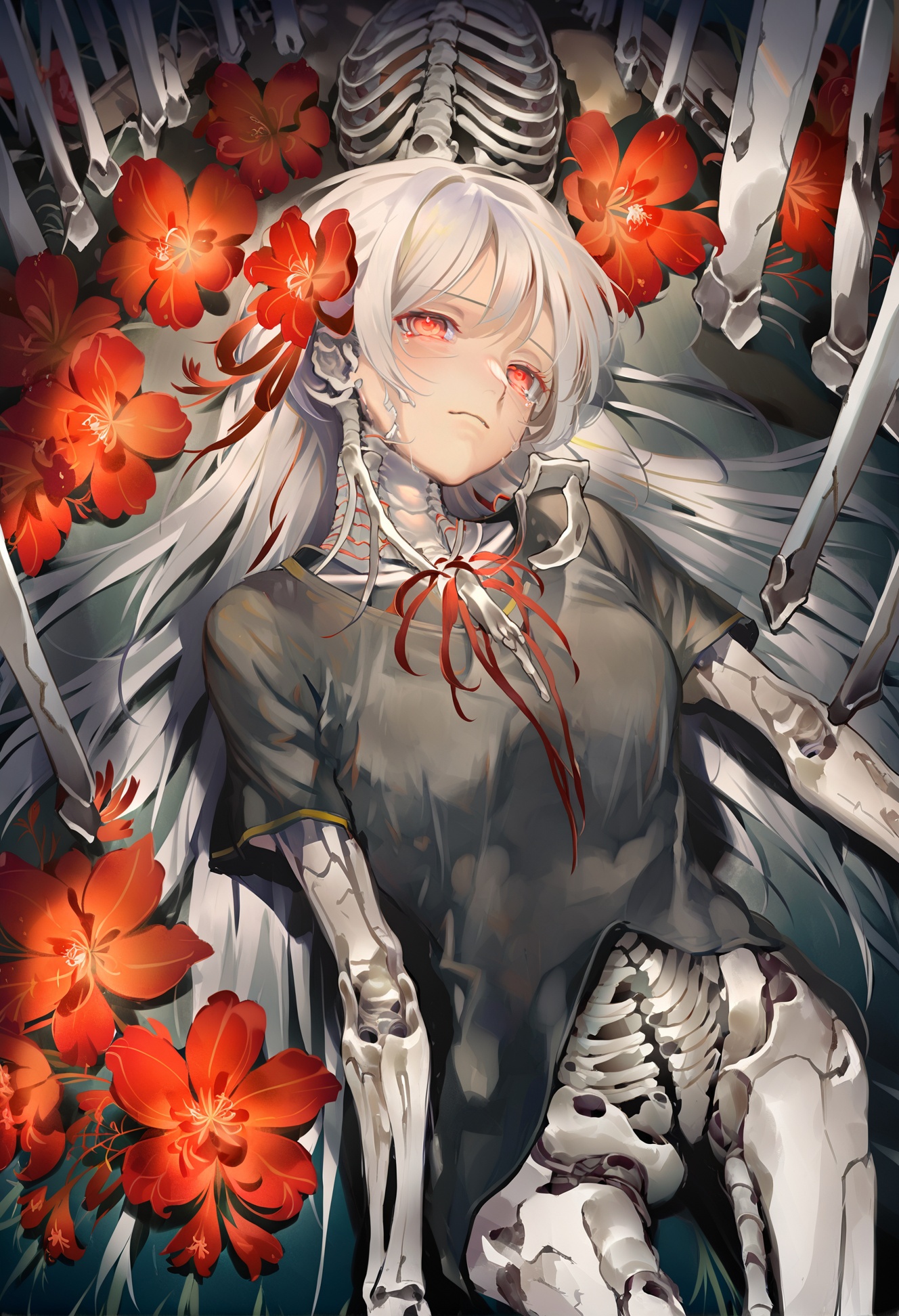 masterpiece, best quality, 1girl, flower, spider lily, red eyes, long hair , skeleton, solo , ribbon, hair ribbon, red flower, black shirt, lying, white hair, on back, shirt, red ribbon, bangs, short sleeves, looking at viewer, bone, upper body, t-shirt, crying  <lora:REIKOXLlokr8f:1>