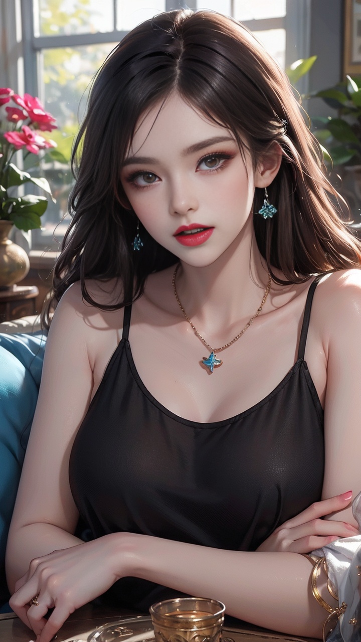 2girls, breasts, brown_eyes, brown_hair, flower_pot, jewelry, lips, long_hair, looking_at_viewer, makeup, multiple_girls, necklace, open_mouth, parted_lips, plant, potted_plant, realistic, sitting, ****_top