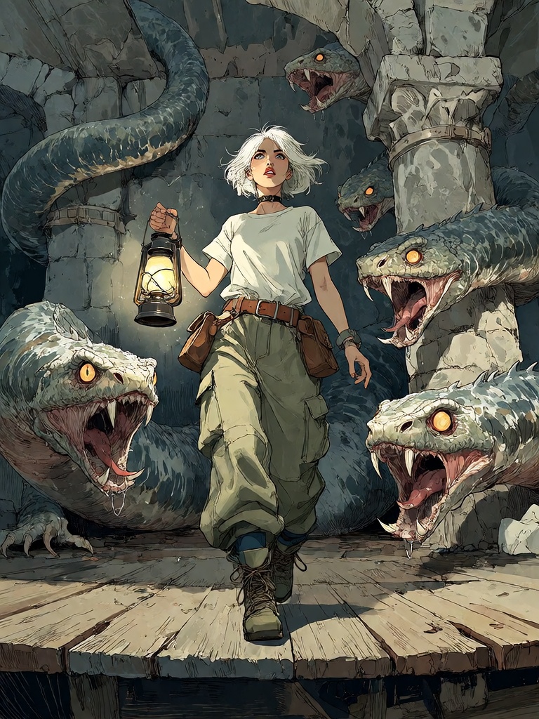 Bradhamel art style.A young woman with short white hair,  wearing a light-colored t-shirt,  wide-legged khaki pants on Ten...
