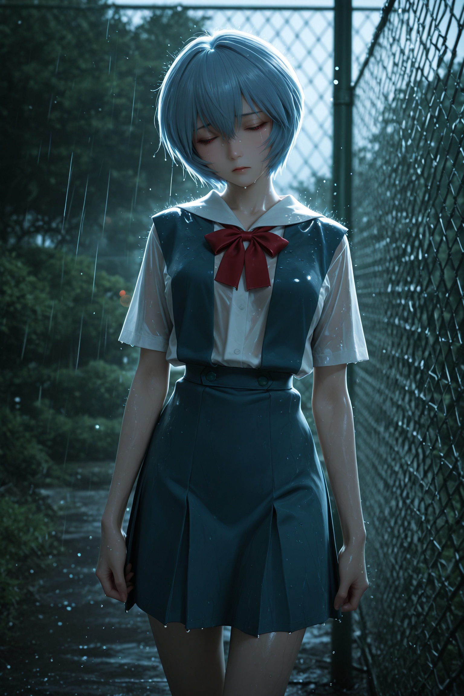 HDR, 8K, high contrast, masterpiece, best quality, amazing quality, realistic, very aesthetic, high resolution, ultra-detailed, absurdres, smooth skin, detailed hair,ayanami rei, (exhausted), focus face, standing,  cowboy shot, school_uniform, bow tie,rain, outdoors, nature park, Wire Mesh fence, available light, Lens flare, night, film grain, light particles, depth of field, duch angle, dynamic pose,