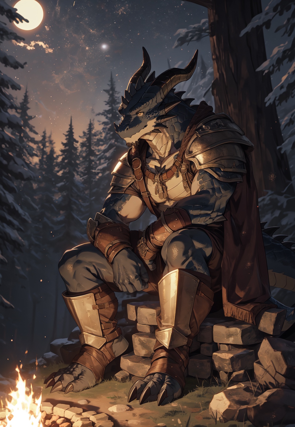 solo, kemono, (dragon), anthro, male, ((black body)), scales, tail, muscles, handsome, armor, medieval, fantasy, outdoors, outside, dark, night, forest, campfire, camp, stars, sitting, toe claws, epic, depth of field, perfect lighting, (light particles),(best quality),(masterpiece),(ultra detailed),sharp focus,light particles