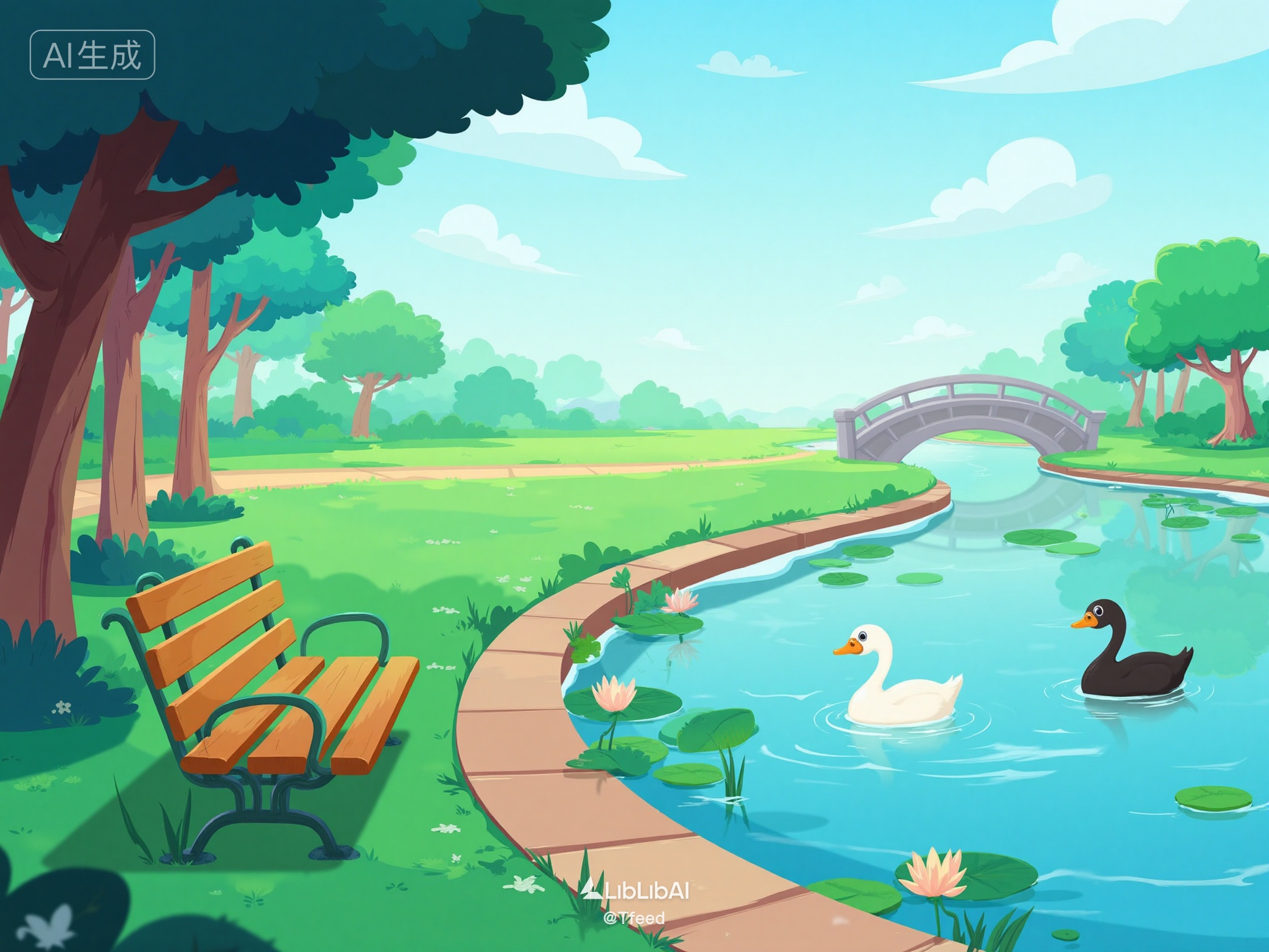 a image in style of jiaoyu illustration,  a image in style of jiaoyu illustration,  This is a serene park scene. In the fo...