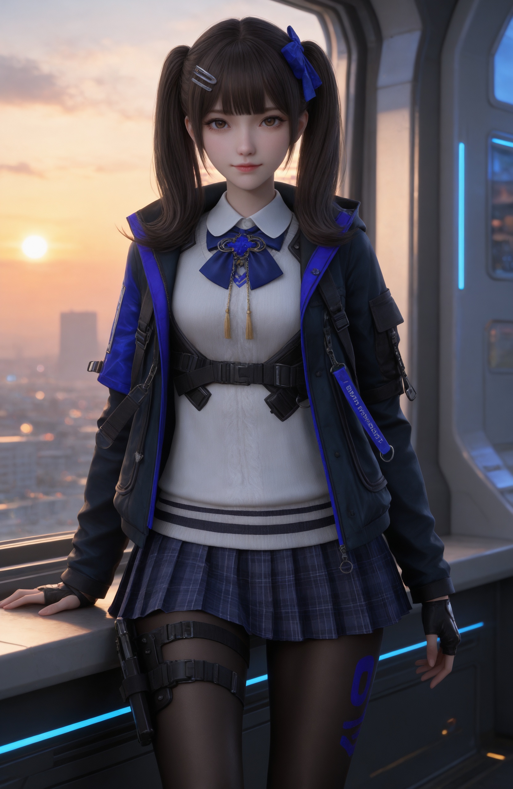 Nai3 style,realistic style photo,outstanding style,Use soft lighting to cast gentle shadows on the subject,adding a touch of dimension to your images without compromising details,whirls of vapor,(Anime:1.1),soft neon light,ethereal ambiance,delicate details,magical atmosphere,concept art,highly detailed,ultra-high resolution,32K UHD,sharp focus,best-quality,masterpiece,golden hour,unconventional supreme masterpiece,masterful details,temperate atmosphere,with a high-end texture,in the style of fashion photography,magazine style,Dynamic Angle,Dynamic posture,magazine style,Dynamic Angle,Dynamic posture,(cowboy_shot:1.2),eye trail,depth of field,cinematic lighting,lens flare,close-up,extreme aesthetic,(wlop:0.6),(honjou raita,lack,rella,wanke:0.5),masterpiece,best quality,good quality,newest,year 2025,very aesthetic,absurdres,Visual impact,A shot with tension,ultra-high resolution,32K UHD,sharp focus,best-quality,masterpiece,Emotionalization,unconventional supreme masterpiece,masterful details,temperate atmosphere,with a high-end texture,in the style of fashion photography,(Visual impact:1.2),giving the poster a dynamic and visually striking appearance, <lora:CF-关小羽v1-IL:0.7> 1girl, twintails, brown hair, blue bow,  brown eyes, hairclip, white shirt, open jacket, pleated skirt, plaid skirt, long sleeves, black fingerless gloves,black pantyhose, thigh strap,holster,black footwear,, 1girl,solo,sitting,window,frills,sky,cloud,indoors,cityscape,closed_mouth,sun,looking at viewer,