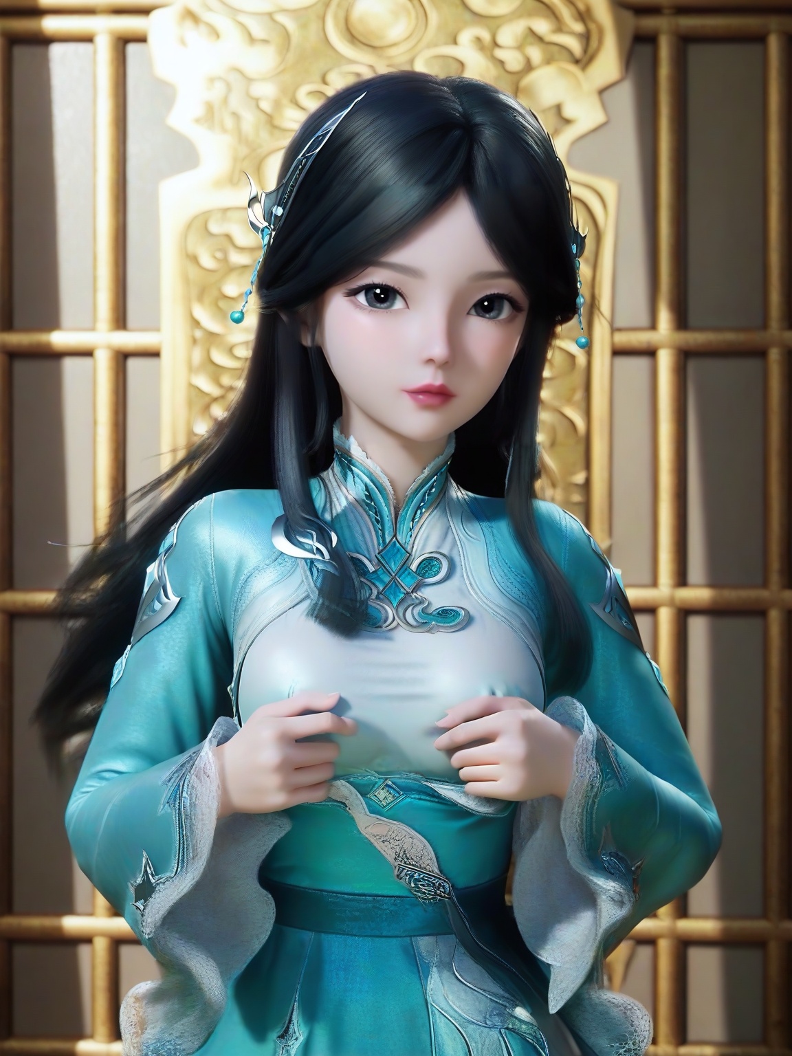 score_9,1girl,solo,SFNingRongRongPony,black eyes,breasts,medium breasts,hair ornament,sleeves, black hair,aqua dress,cowboy shot, eyelashes,standing, lipstick,looking at viewer,indoors, <lora:SF_NingRongRong_Child_Pony_Realism2.3-000004:0.7>,