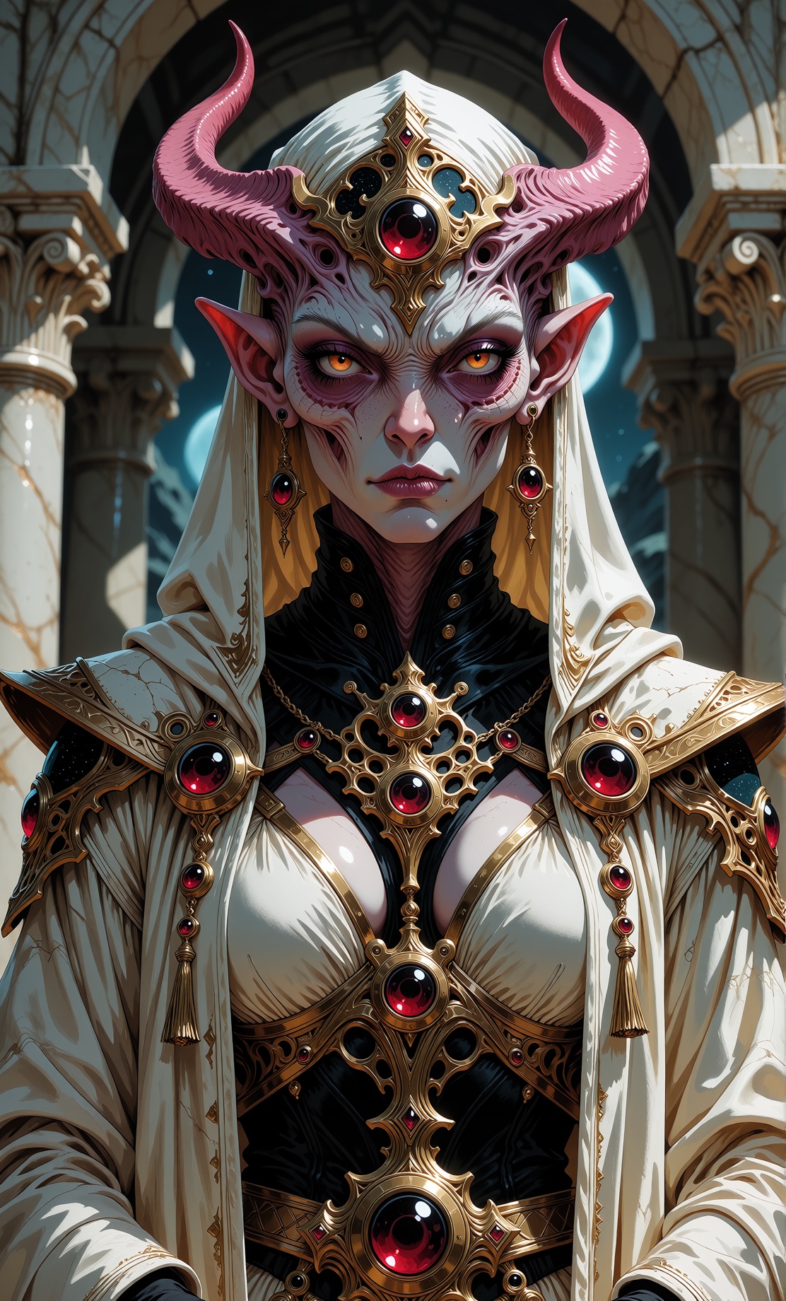 Photo 3d render,  An upper-body portrait of a fierce alien priest standing inside an ancient white-marble temple on a dist...