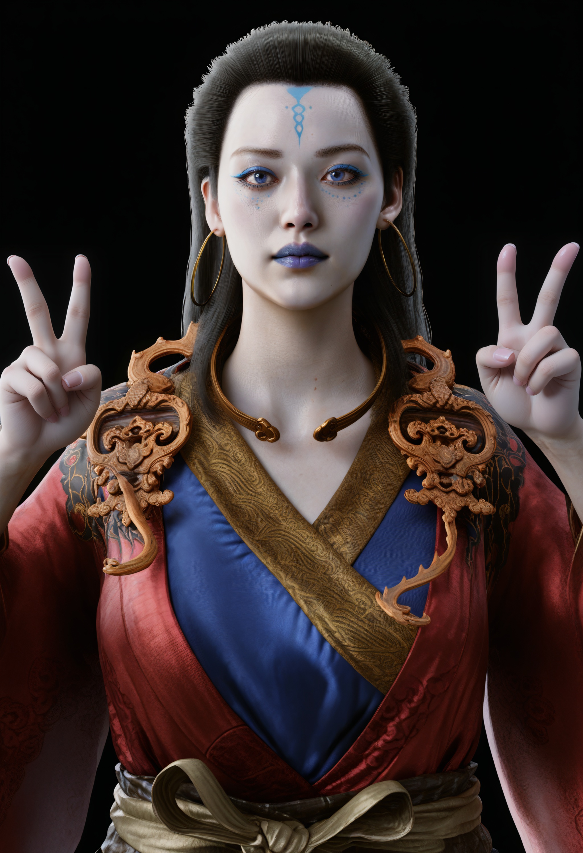 (score_9),<lora:亢金龙-Apony:0.85>,kangrixingjun,solo,1girl,black hair,long hair,hoop earrings,makeup,forehead mark,blue lips,blue eyeshadow,chinese clothes,branch,open choker,belt,sash,(mature:1.1),collarbone,large breasts,<lora:a修手:0.35>,double v,front view,light rays,light particles,softened light,simple background,OverallDetail,(Ivory_skin),colored skin,<lora:perfect-eyes:0.8>,<lora:Expressive_H:0.8>,<lora:SkinRealityOrg_ponyv6_loraplus:0.25>,real skin,realistic,<lora:detailed_notrigger:1>,