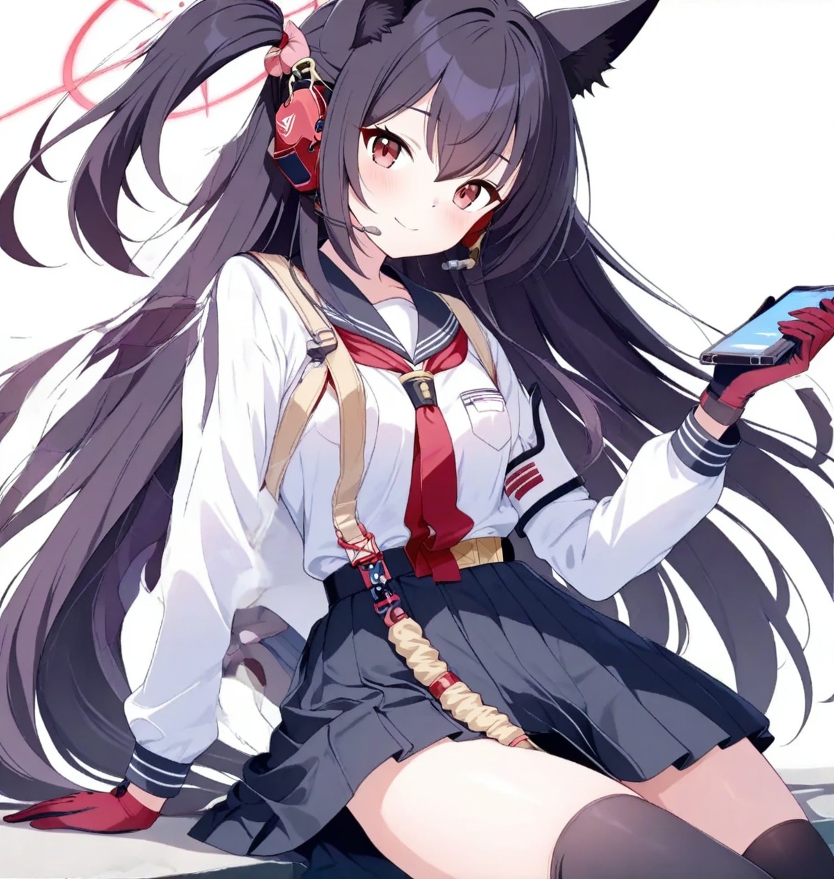 Shichido Yukino(blue archive),ultra detailed anime texture,1girl,Shichido Yukino(blue archive),solo,skirt,gloves,animal ears,red eyes,long hair,thighhighs,halo,smile,looking at viewer,school uniform,black thighhighs,white background,long sleeves,black hair,serafuku,simple background,sailor collar,sitting,black skirt,very long hair,shirt,pleated skirt,two-tone gloves,white shirt,closed mouth,animal ear fluff,necktie,bangs,headset,hand up,hair between eyes,red necktie,red gloves,neckerchief,thighs,black sailor collar,hair intakes,miniskirt,red neckerchief,breasts,pocket,blush,arm support,holding,UHD,ccurate,anatomically correct,textured skin,super detail,high details,award winning,best quality,high quality,retina,HD,16k,8k,