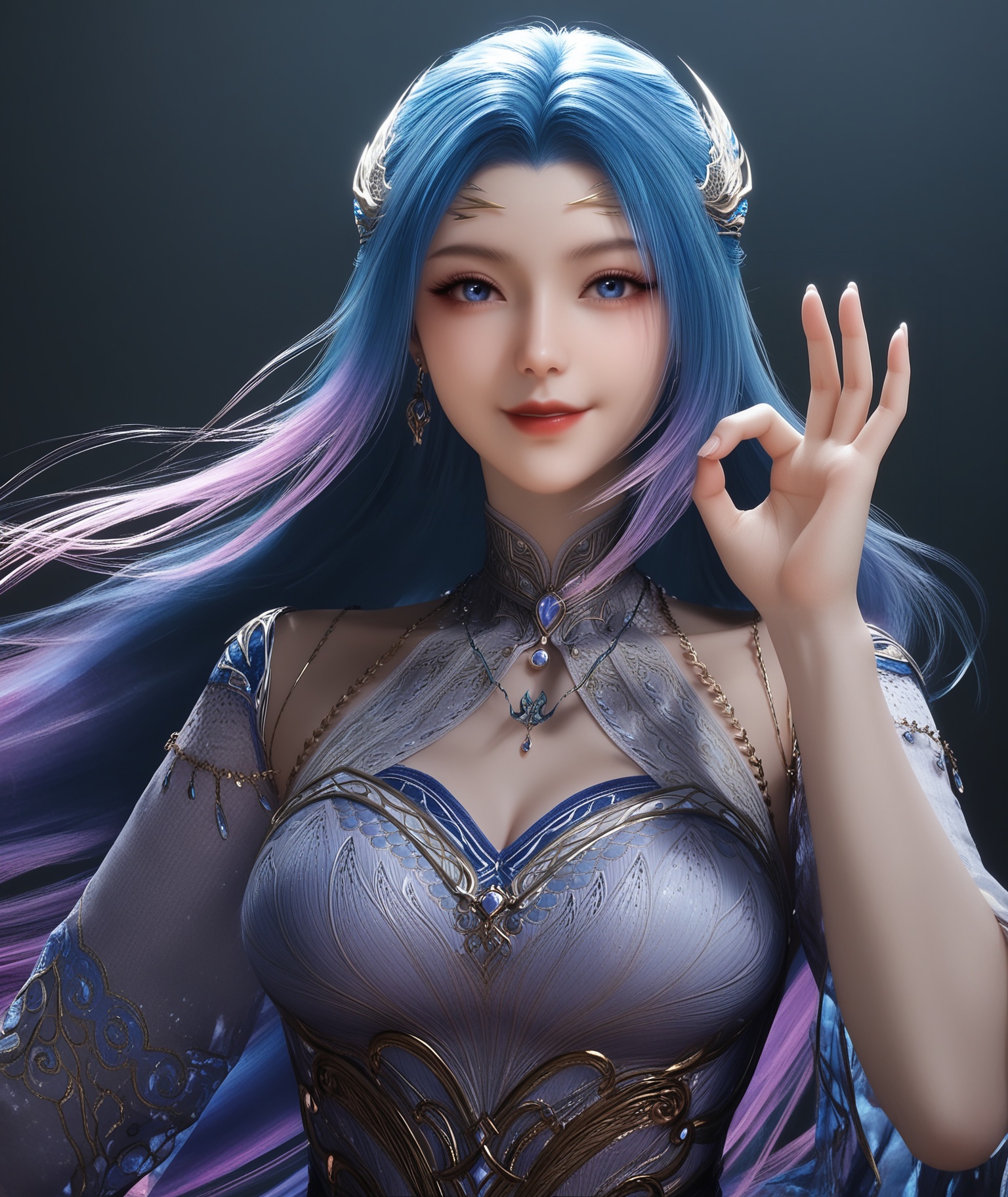 masterpiece,best quality,absurdres,highres,BREAK(glamor:1.1),slender,1girl,solo,<lora:唐舞桐-ill:0.82>,long hair,blue hair,hair ornament,gradient hair,blue eyes,jewelry,earrings,necklace,(seductive_smile:1.1),evil smile,high collar,clothing cutout,dress,detached sleeves,(large breasts),looking at viewer,front view,upper body,(ok sign),BREAKsimple background,black background,rim light,Tyndall effect,Volumetric Lighting,Cinematic Lighting,realistic,