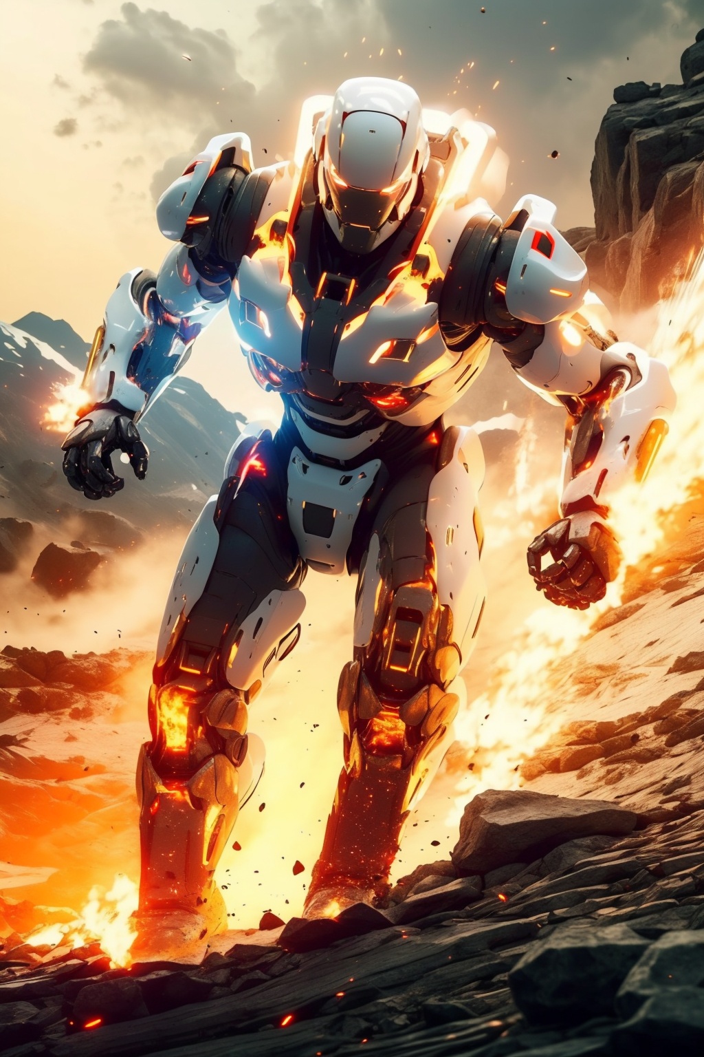hjyfirerobot,fire,(flame:1.3),flashing lightning,chaos flame around mecha,(rush out from flame and flashing:1.2),(white sleek robot:1.2),mechanical halo,front view,robot sleek and smooth helmet,glowing gold armor,masterpiece,best quality,(highly detailed),cyborg,(full body:1.2),wide angle,(mountain background:1.2),<lora:hjyfirerobot2--000010:1>,run,