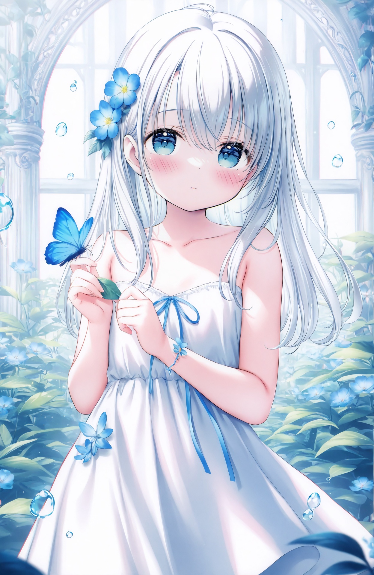 masterpiece,absurdres,best quality,loli,petite,high quality,chromatic_aberration,//,1girl,loli,flower,solo,hair ornament,dress,bug,butterfly,blue eyes,hair flower,long hair,holding,looking at viewer,blue flower,white dress,blue butterfly,bare shoulders,food,fruit,hair between eyes,strapless dress,strapless,jewelry,collarbone,white hair,blush,ribbon,standing,plant,closed mouth,bracelet,water drop,blue ribbon,leaf,