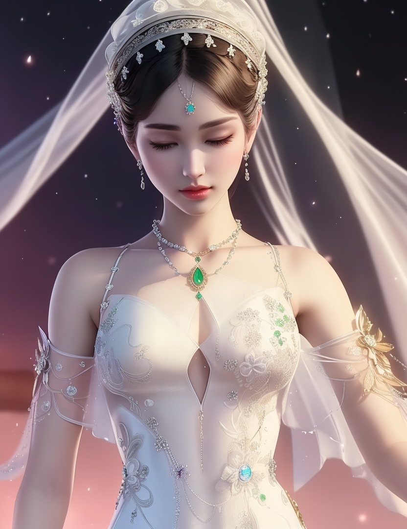 ultra realistic 8k cg, picture-perfect face, flawless, clean, masterpiece, professional artwork, famous artwork, cinematic lighting, cinematic bloom, perfect face, beautiful face, fantasy, dreamlike, unreal, science fiction,  beautiful clothes, lace, lace trim, lace-trimmed legwear,  (rich:1.4), prestige, luxury, jewelry, diamond, gold, pearl, gem, sapphire, ruby, emerald, intricate detail, delicate pattern, charming, alluring, seductive, erotic, enchanting, hair ornament, necklace, earrings, bracelet, armlet,halo((,1girl, pov,))(((,  1girl,  solo,looking at viewer, ))),(((1girl, solo, dress, white_dress, jewelry)))<lora:DA_WhiteSnakeGreenSnake:0.7>