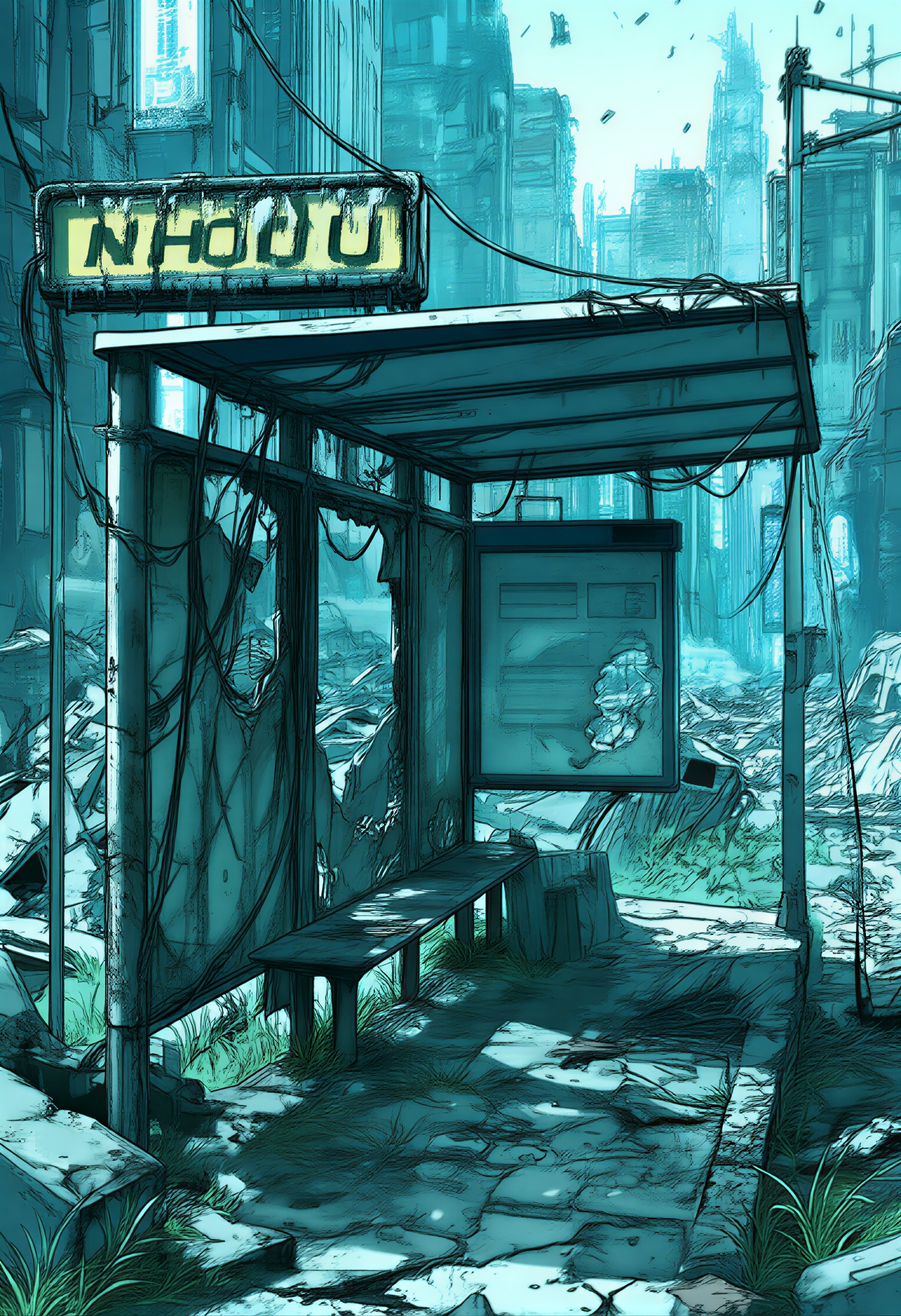 In the dystopian landscape of a cyberpunk world gone to ruin,  a bleak and foreboding bus stop looms like a monolith,  an...