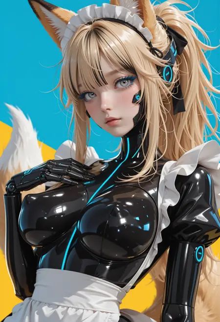 1girl, woman, foxears, fox tail,cyber-doll, cyber-body accents,maid, apron, maid hairband,perky breasts, large breasts, small waist, soft thighs, skin pressed, side boobs, dress,blue lashes, long lashes, very awa, duocolored background, black inked, blonde hair, glitter accented hair, messy hair, ponytail, long hair, bangs, long bangs, gray eyes,tilted angle, close up, upper body with face focus,looking at viewer, tilted head, hand on chest, nuzzling lips. blush,