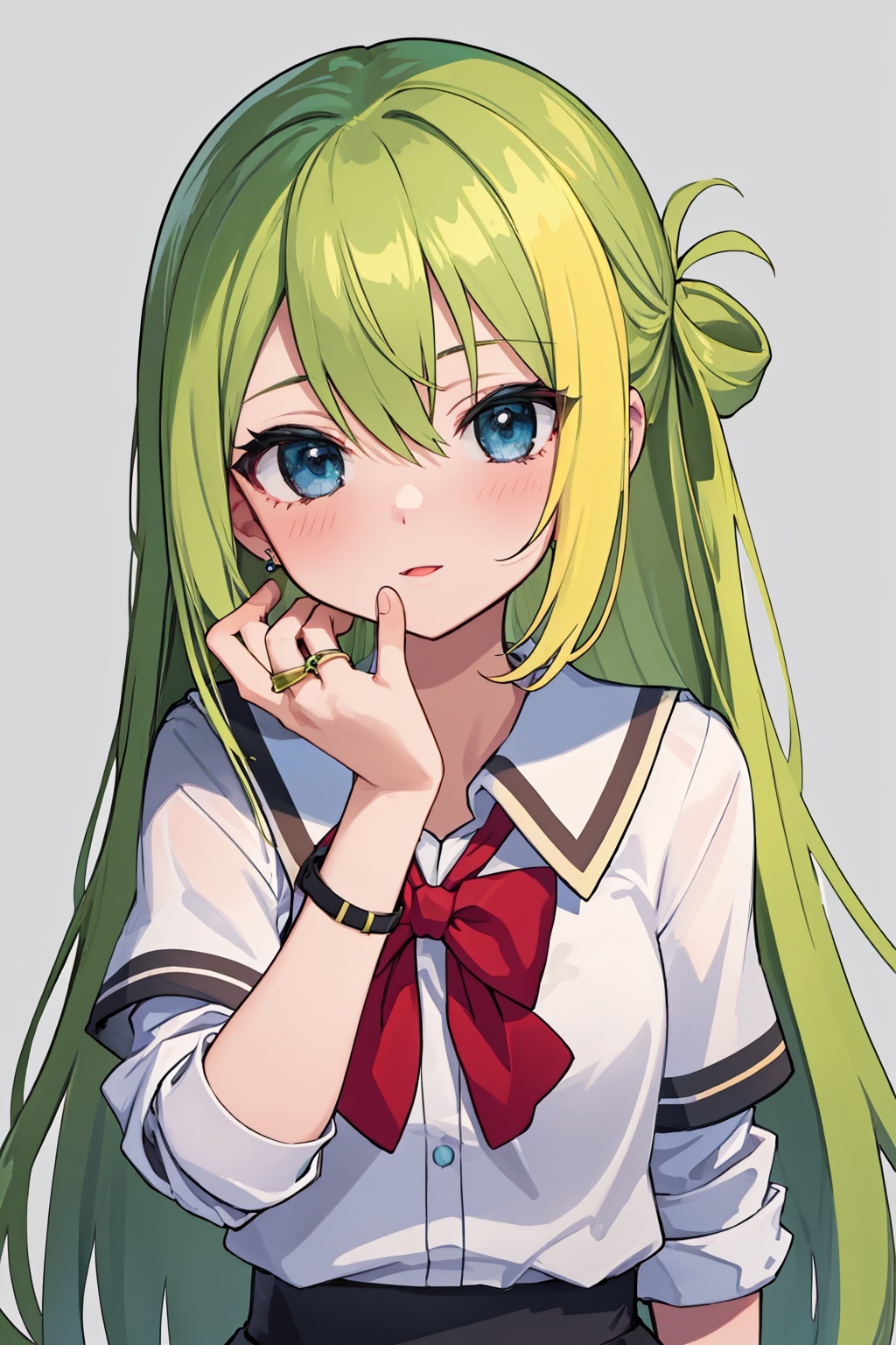 masterpiece,best quality, highly detailed, 1girl,alina gray,blunt ends,loose bowtie,school uniform,single hair ring,small breasts,solo,hair rings,sleeves rolled up,blush,wristband,<lora:alina_gray:1>