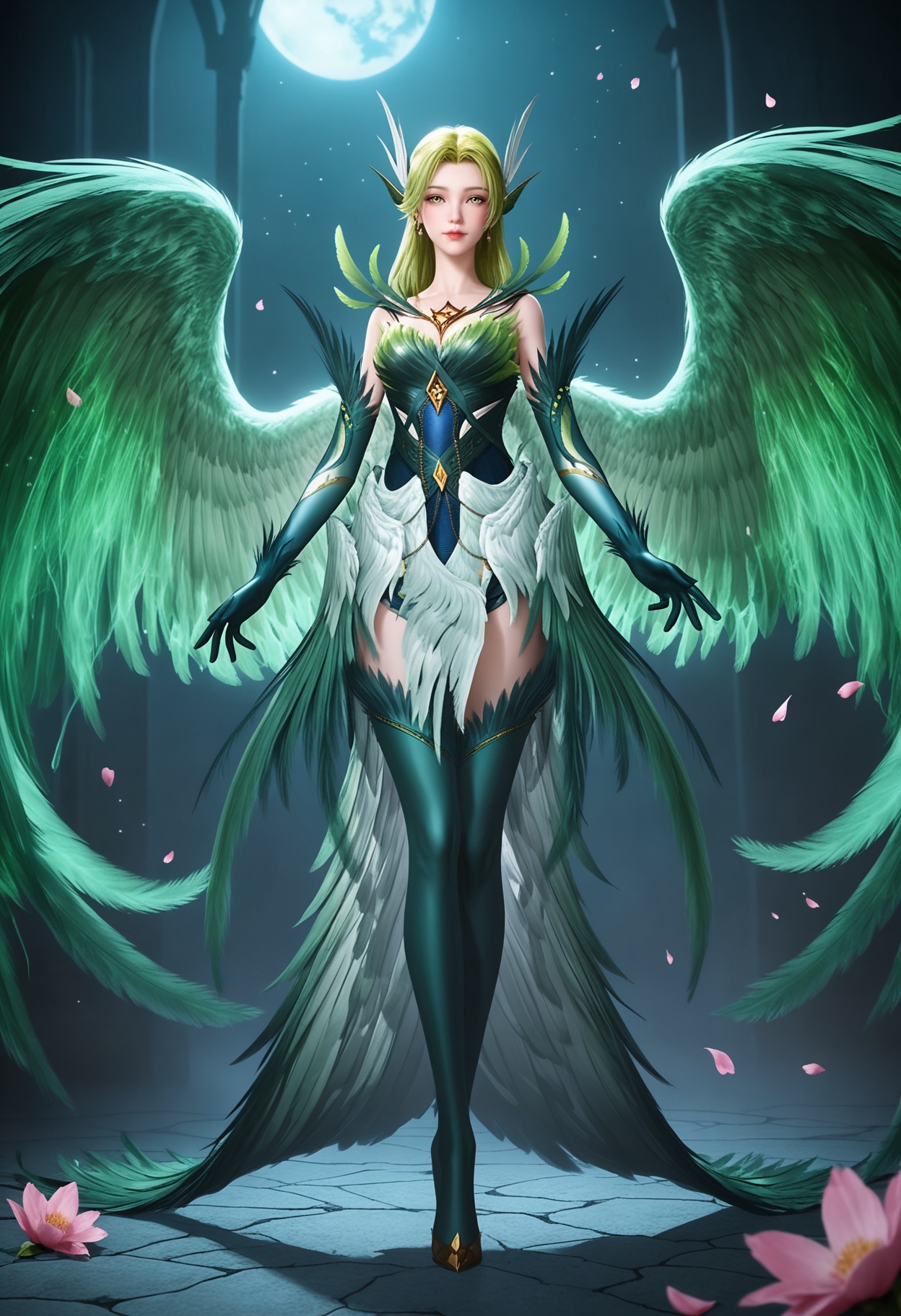 (standing full_body:1.1),(looking at viewer:1.1),masterpiece,(best quality),smog,Dark room,dim lighting,peach blossom,falling petals,<lora:YQ_Illustrious光辉v5_碧姬_V1:0.8>,q1528437228,solo,1girl,long hair,green hair,feathers,green eyes,blonde hair,hair ornament,pointy ears,wings,gloves,dress,green wings,elbow gloves,jewelry,feathered wings,green dress,thighhighs,armor,yellow eyes,earrings,green feathers,multiple wings,