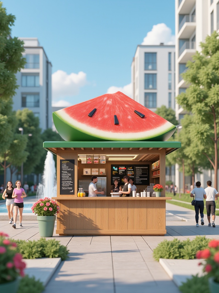 mlmnjd,A CGI scene of a cozy wooden juice kiosk shaped like a fruit slice, placed in a small urban park. It has green roofing, a chalkboard menu, and flower planters around. The background shows joggers, a fountain, and modern apartment buildings.<lora:迷你街道-L1.04:0.8>