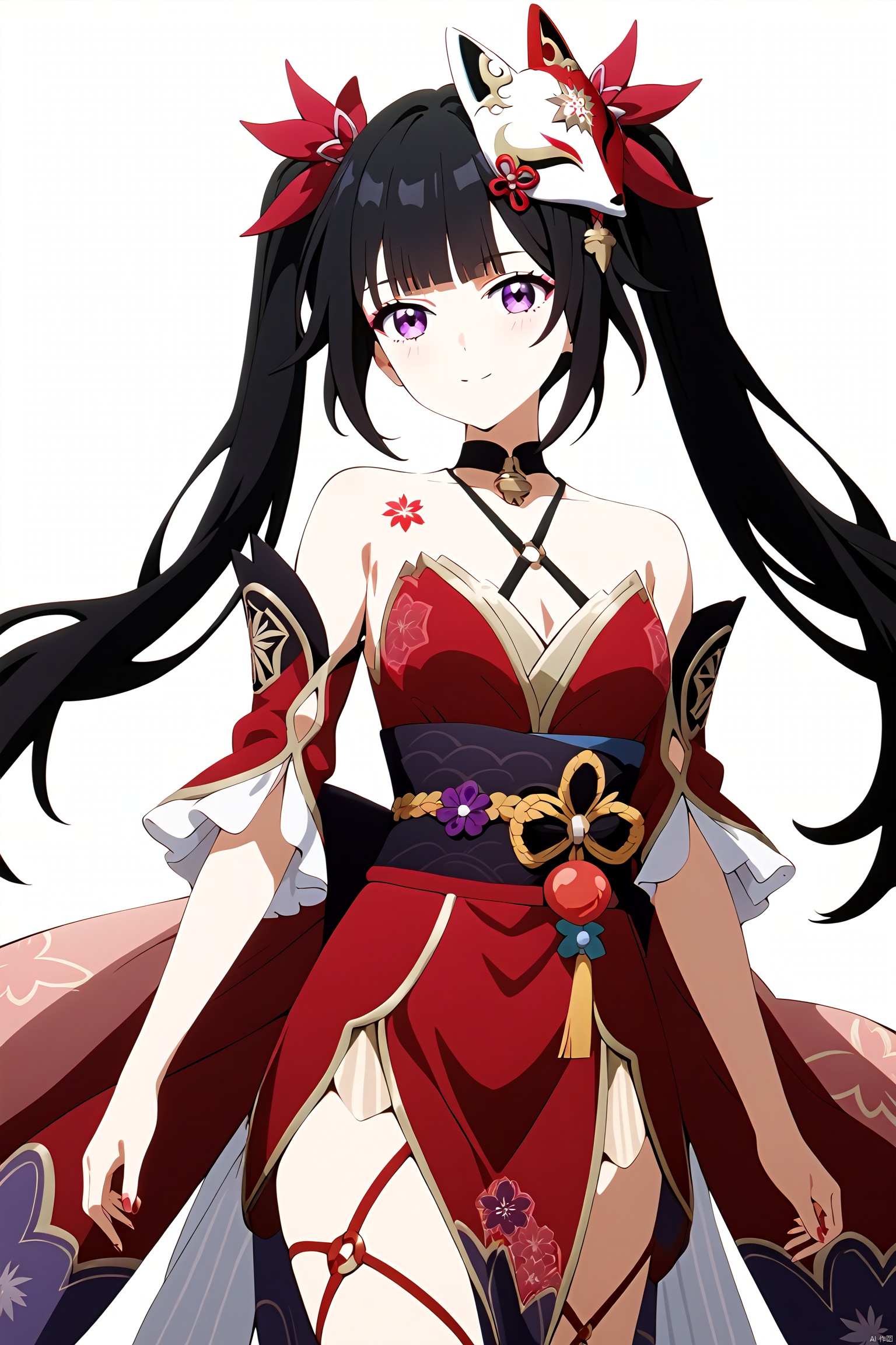 score_9, score_8_up, score_7_up, score_6_up, score_5_up, score_4_up, best quality,masterpiece,4k,very aesthetic,uncensored,rating_explicit,rating_questionable, BREAK A lady of faith,(masterpiece, top quality, best quality, official art, beautiful and aesthetic:1.2) ,cover art,illustration minimalism, macabre style Velvet "The Art of Ancients", dark, gothic, grim, haunting, highly detailed,////////////////////////// huahuo, mask on head, black hair, twintails, purple eyes, fox mask,Cherry blossom tattoo, chest tattoo<lora:EMS-311794-EMS:0.700000>, <lora:EMS-271962-EMS:0.600000>, <lora:EMS-36433-EMS:0.400000>