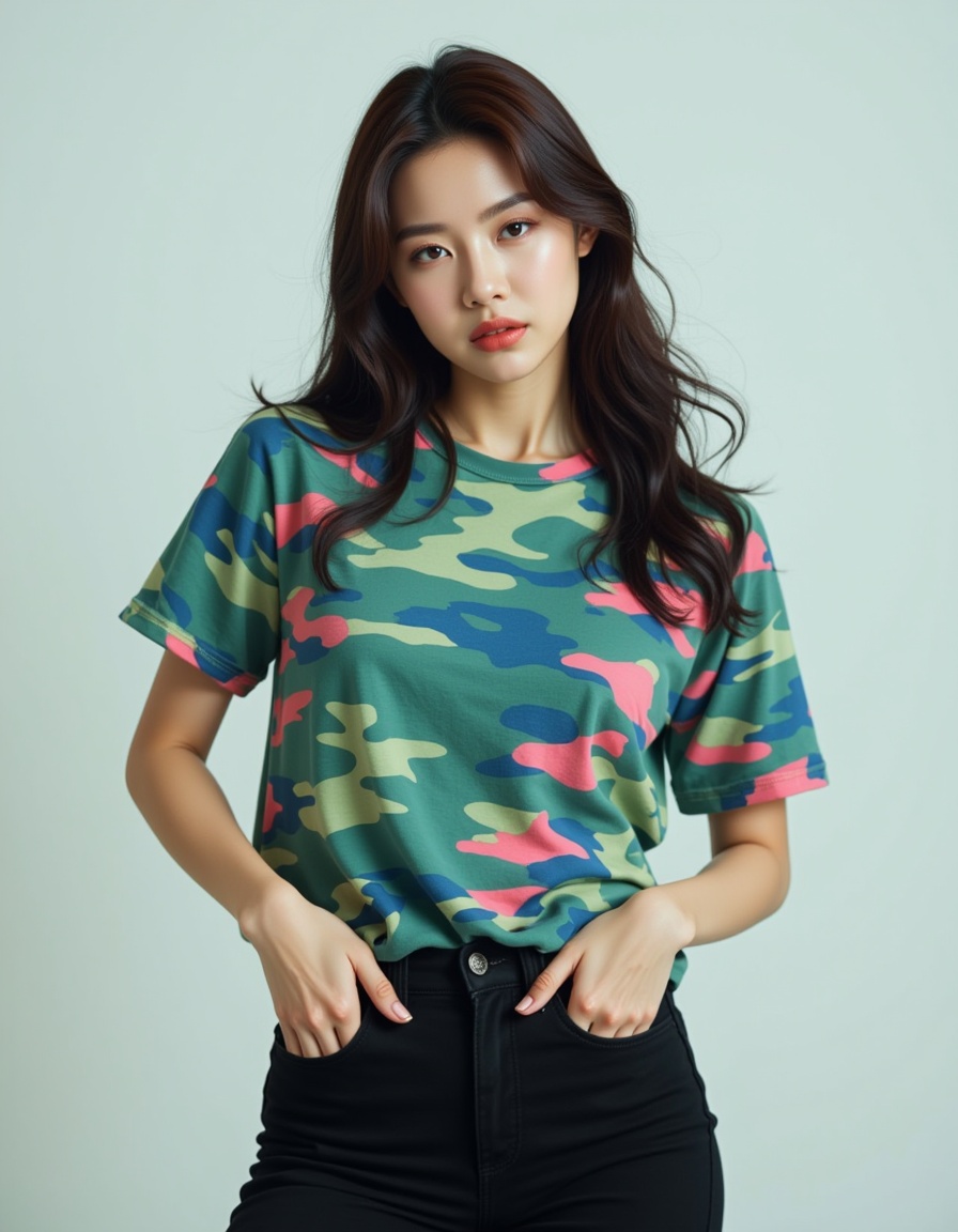 a real picture of a south korea woman,In Camouflage print t-shirt in vibrant shades of green,blue,and pink,Black skinny Jeans,