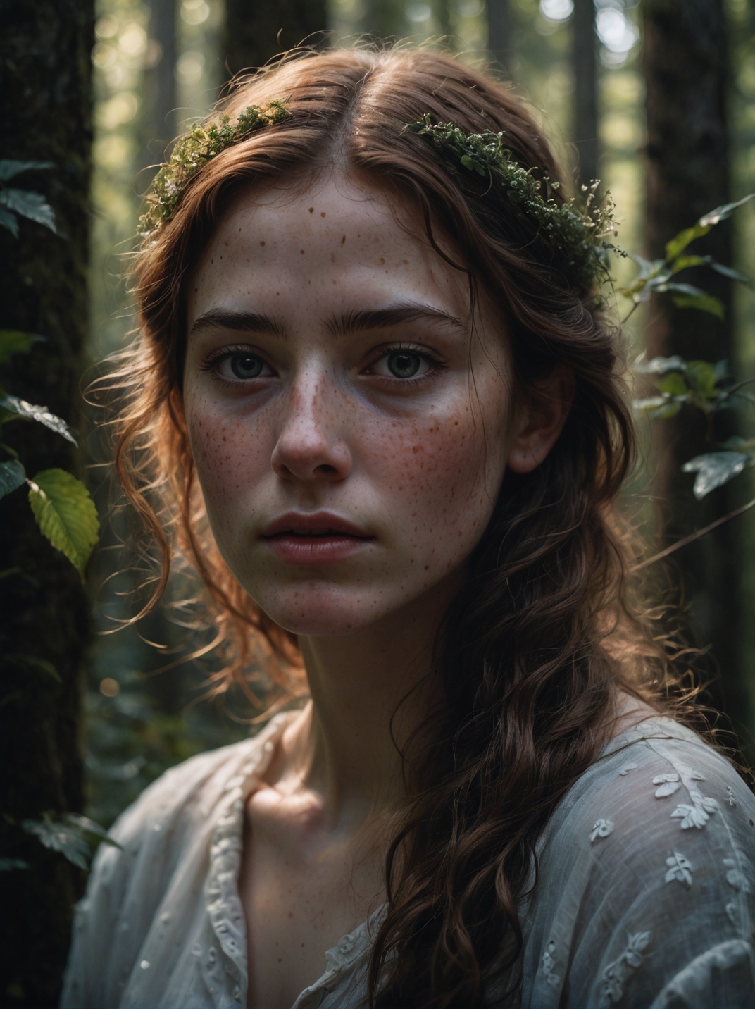 hyperrealistic ******* portrait of a young woman in the forest, magnificent, celestial, ethereal, painterly, epic, magical, fantasy art, dreamy, chiaroscuro, atmospheric lighting, freckles, skin pores, pores, velus hair, macro, extreme details