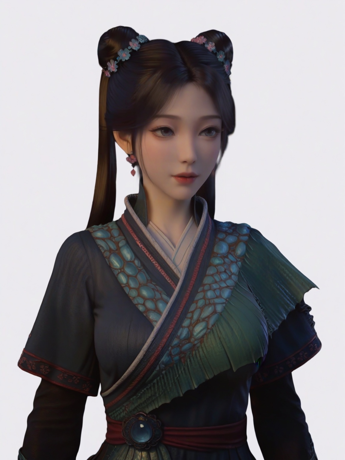 score_9,<lora:SF_MeiNing_Pony_Realism2.3-000004:0.7>,1girl,breasts,standing,eyelashes,lipstick,double bun,twintails,hair ornament,solo,dress,jewelry,long sleeves,upper body,large breasts,Side face,white background,simple background,