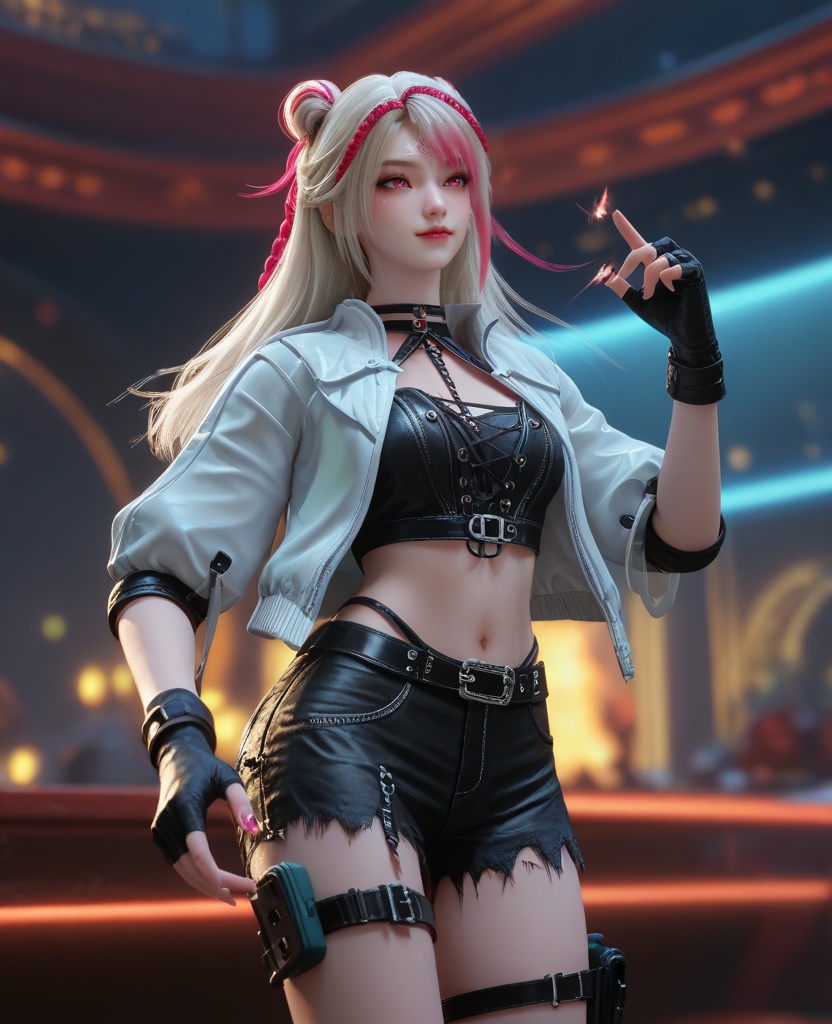 (oriental architecture, elegant decor, sophisticated style:1.1),(finger heart:1.1),(breasts:1.2),<lora:XL16克金玩家苏晓晓:0.95>,miss suxiaoxiao,white cropped jacket,black corset,pink eyes,forehead mark,double bun with long cascading hair,white hair,streaked hair,braid,black shorts,black fingerless gloves,thigh strap,single thighhigh,, score_9,score_8_up,score_7_up,score_6_up,score_5_up,score_4_up,3d rendering,tag1,tag2, Cinematic Lighting,backlighting,, zPDXL3, zPDXL2,zPDXL, zPDXLxxx, zPDXLrl,