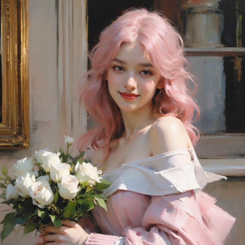 ART,(Oil Painting:1.2),(Impressionism),Best Quality,Masterpiece,High Resolution,Realistic,(Depth of Field | Amusement Park),1 Girl,Upper Body,(Bouquet | Blue Rose),(White Hair,Off Shoulder,Pleated Dress,Long Hair,Messy Hair,Beautiful Face,beauty face,smile,(pink hair:1.3),,