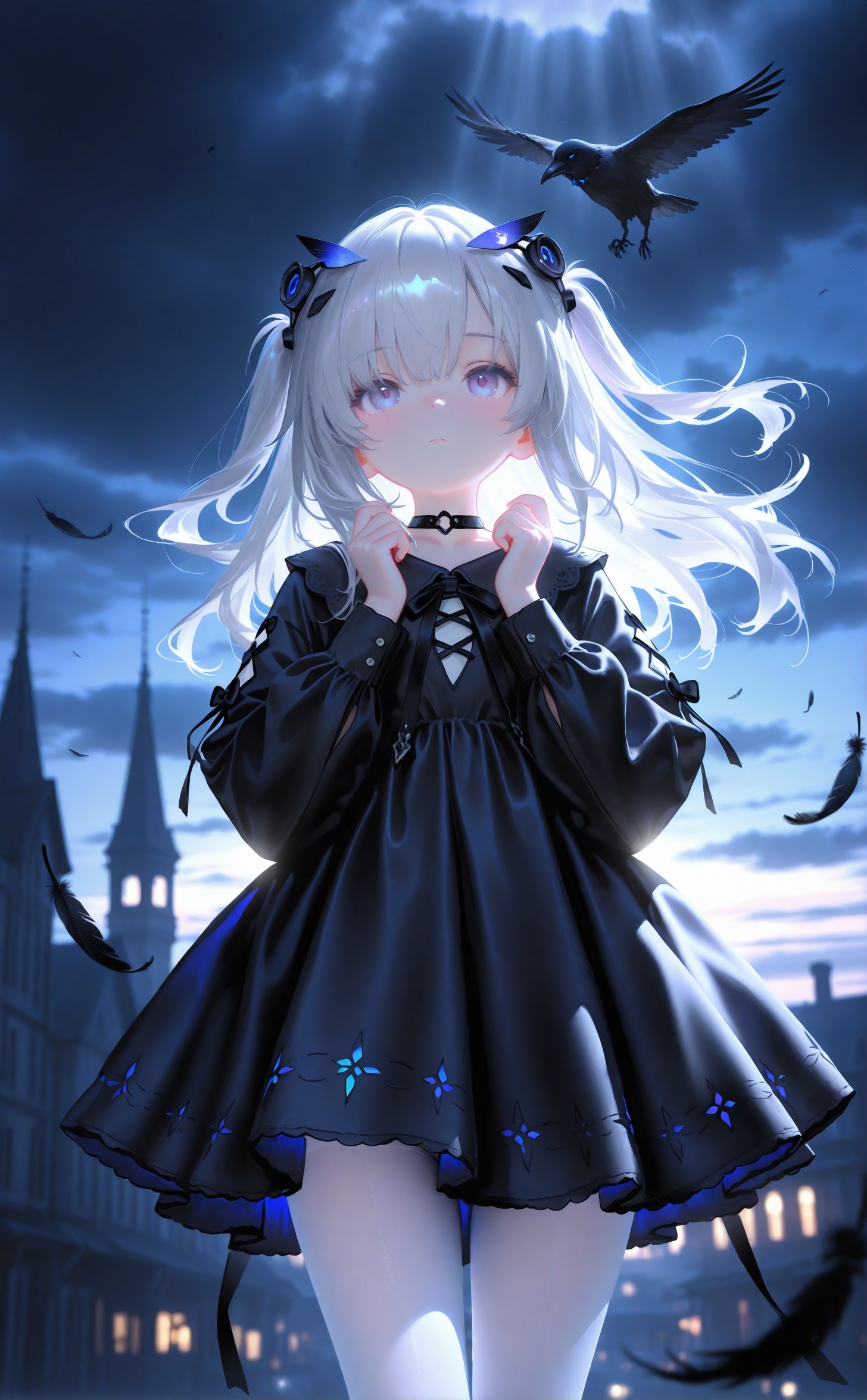 masterpiece,absurdres,best quality,high quality,chromatic_aberration,night,darkness,black theme,photorealistic,high contrast,high saturation,loli,loli,loli,//,1girl, solo, long hair, looking at viewer, bangs, blue eyes, hair ornament, long sleeves, dress, closed mouth, standing, purple eyes, white hair, grey hair, pantyhose, outdoors, sky, choker, cloud, black dress, hands up, black bow, floating hair, cloudy sky, feathers, building, white pantyhose, tower, crow, black feathers, falling feathers,//,official art,depth of field,detailed light,blurry background,cinematic lighting,ray tracing,ultra detailed,god rays,backlighting,photo background,film grain,chromatic aberration,volumetric lighting,depth of field,blurry background,shiny skin,floating hair,cinematic lighting,day,very aesthetic,cowboy shot,look up,head wreath<lora:[Ai蒸馏]white3-000026p:0.8>,