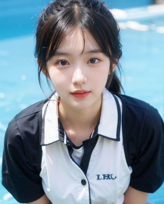 1girl,solo,black hair,ponytail,absurdres,wallpaper,upper_body,looking_at_viewer,from_above,waterpark,summer_uniform,:d,