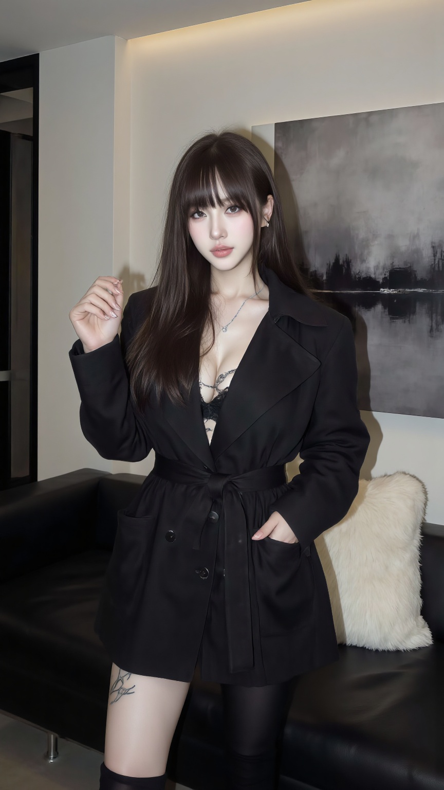 in detail. This photograph captures a young woman with long,straight brown hair and bangs,standing in a modern,minimalist interior setting. She has a fair complexion and a delicate,youthful facial structure with large,expressive eyes,full lips,and a slight pout. Her outfit consists of a black,oversized trench coat with a high collar,which is cinched at the waist with a belt,revealing a black bra underneath. She is wearing black leggings,and her left thigh features a tattoo of delicate,flowing lines. The background includes a black sofa with a plush,white pillow,and a wall adorned with a large,abstract artwork in shades of gray and black. The room has a sleek,contemporary design,with clean lines and neutral tones. The overall atmosphere is modern and chic,with a touch of edgy fashion.,