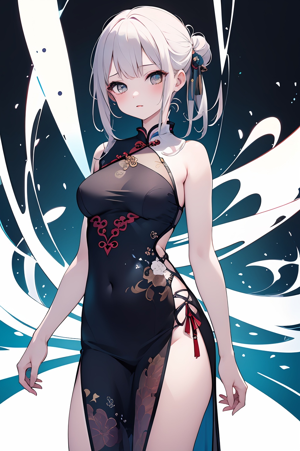 (masterpiece:1.2),extremely high quality,1girl,solo,medium breasts,print_cheongsam,looking at viewer,bare shoulders,standing,cowboy shot,hair bun,white background,simple background,<lora:lbc_shaxian_dress:0.8>,