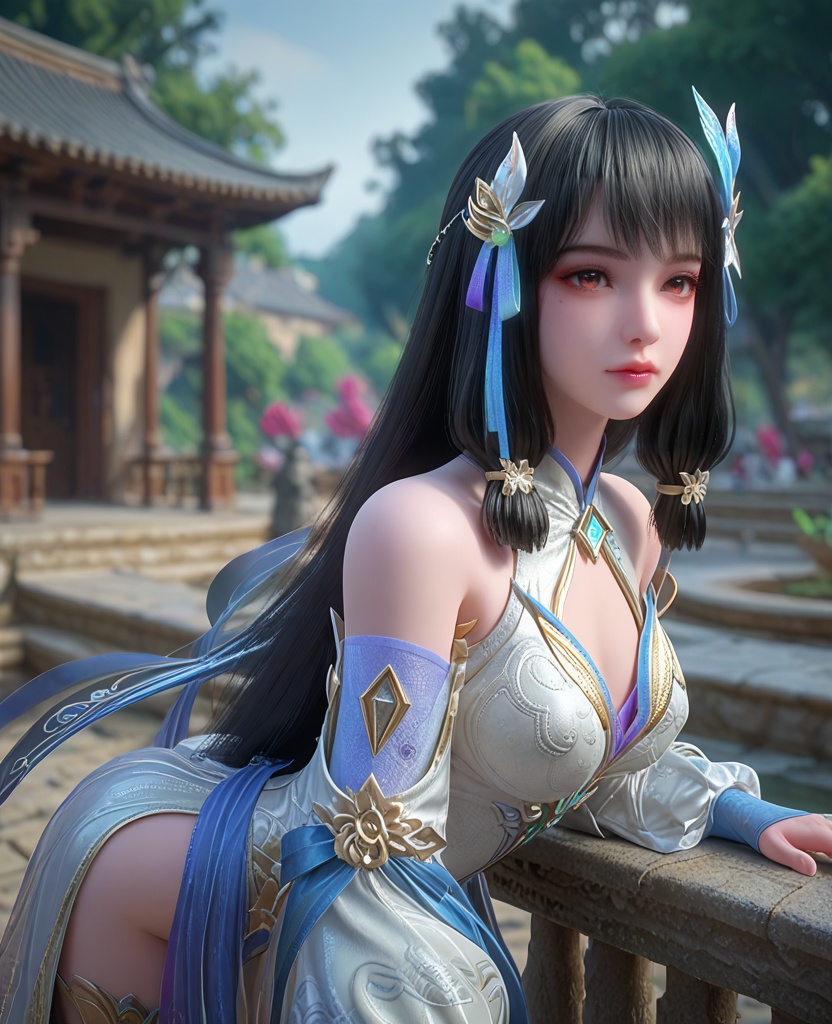 (oriental architecture, elegant decor, sophisticated style:1.1),(Leaning forward, her fingers lightly playing with a lock of hair, she emanates a playful flirtation:1.1),(breasts:1.2),<lora:XL百炼成神云落透纱:0.9>,miss yunluobaiyi,white dress,hair flower,hair tubes,detached sleeves,black hair,hair ribbon,blunt bangs,waist blue mesh,orange eyes,tassel,see-through overskirt,jewelry,, zPDXL2, score_9, score_8_up, score_7_up BREAK realistic, masterpiece,best quality, highly detailed,, zPDXL3, zPDXL2,zPDXL, zPDXLxxx, zPDXLrl,