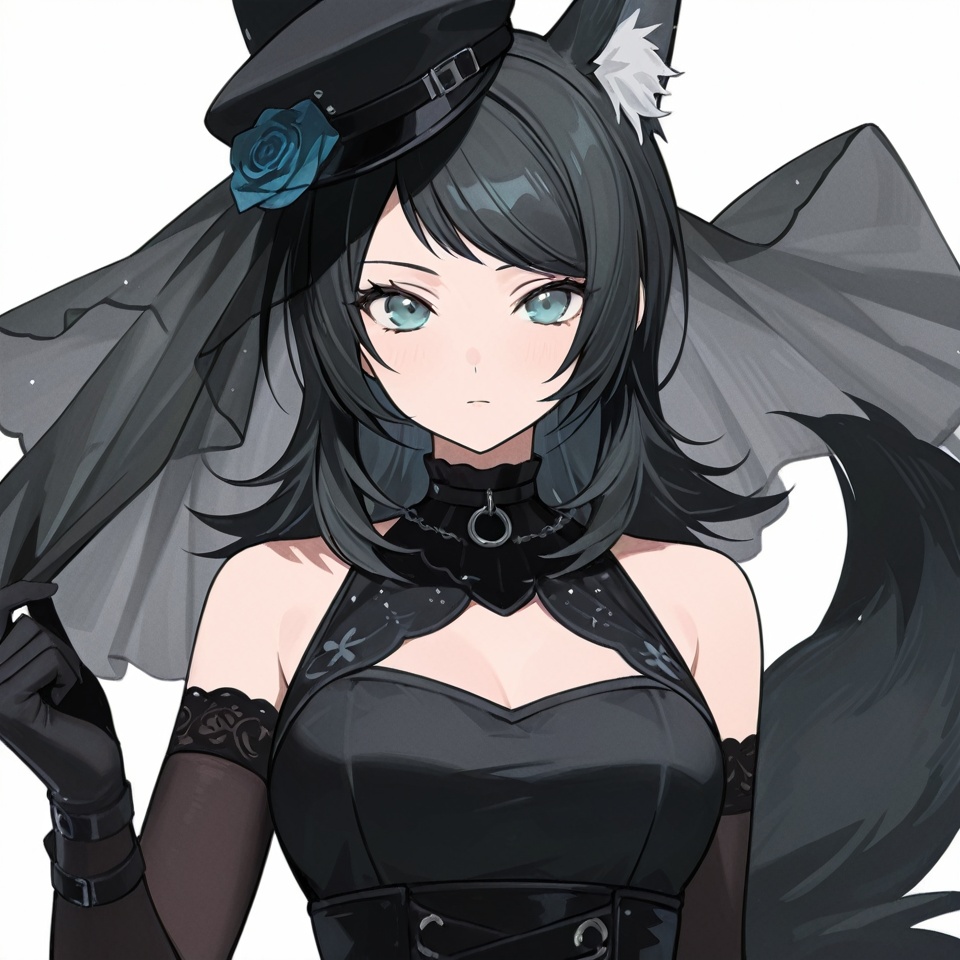 masterpiece, best quality,solo,(white background:1.2),simple background,1girl,looking at viewer,    Yahata Umiri,black hair,long hair,blue eyes,bangs,swept bangs,breasts,shirt,gloves,animal ears,tail,boots,shorts,black gloves,black footwear,dog ears,hat,dress,elbow gloves,black dress, , sleeveless dress,veil<lora:舟海-ill01:0.8>