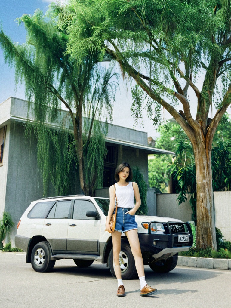 jiFilm,1girl,shorts,realistic,outdoors,denim,solo,ground vehicle,building,shirt,car,denim shorts,motor vehicle,street,black hair,sleeveless,day,tree,sky,short hair,<lora:20240611-1718040971673:1>,(masterpiece, best quality, highres:1.2),, (masterpiece, best quality, highres:1.2),