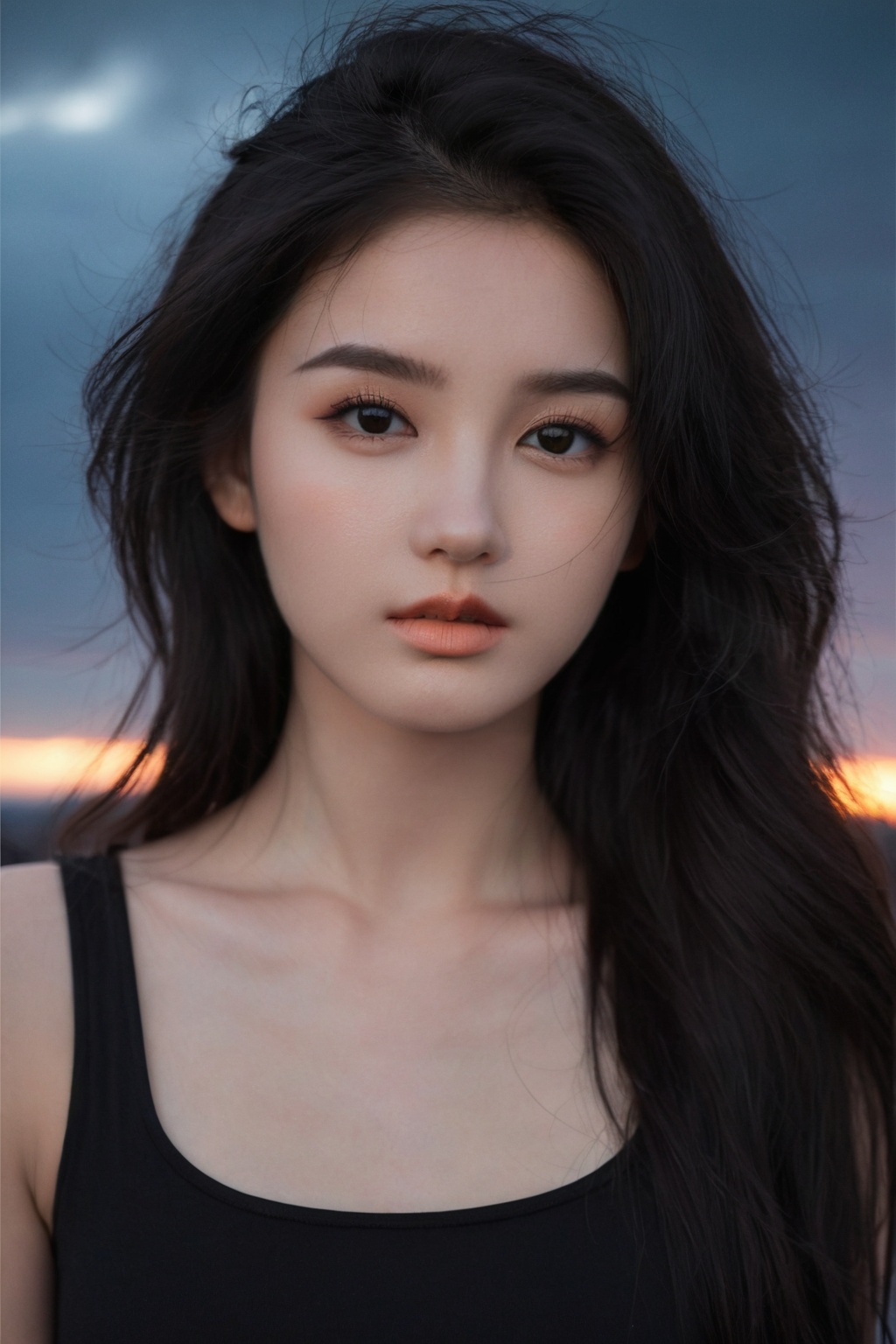NSFW,Frontal photography,Look front,evening,dark clouds,the setting sun,On the city rooftop,A 20 year old female,Black top,Black Leggings,black hair,long hair,dark theme,muted tones,pastel colors,high contrast,(natural skin texture, A dim light, high clarity) ((sky background))((Facial highlights)),