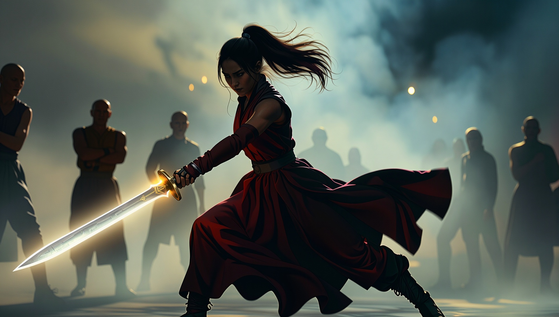 Female warrior with glowing sword charging through battlefield smoke on Tensor.Art