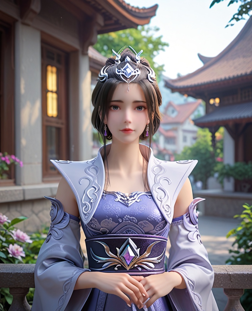 (oriental architecture, elegant decor, sophisticated style:1.1),Standing near a railing or fence, holding it with both hands, gazing ahead,,(breasts:1.2),<lora:XL完美世界云梦岚:0.9>,miss yunmenglan,solo,blue dress,white vest,blue eyes,hair ornament,black hair,hanging hair,hair bun,earrings,sash,detached sleeves,lips,clothing patterns,, zPDXL2, score_9, score_8_up, score_7_up BREAK realistic, masterpiece,best quality, highly detailed,, zPDXL3, zPDXL2,zPDXL, zPDXLxxx, zPDXLrl,